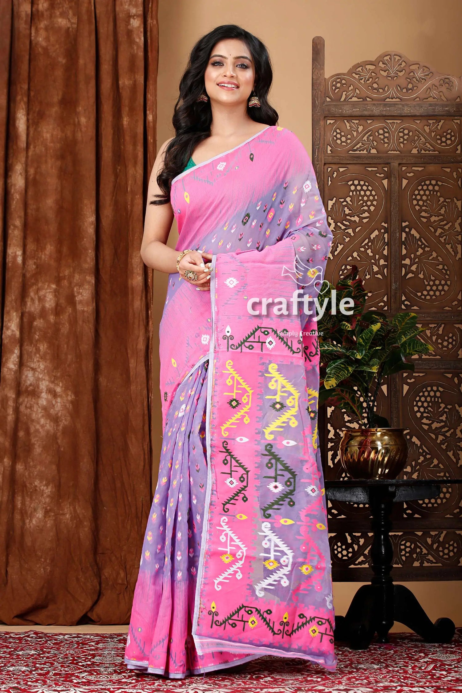 Lavender purple-pink traditional handloom jamdani sari pink lavender patterned saree 1