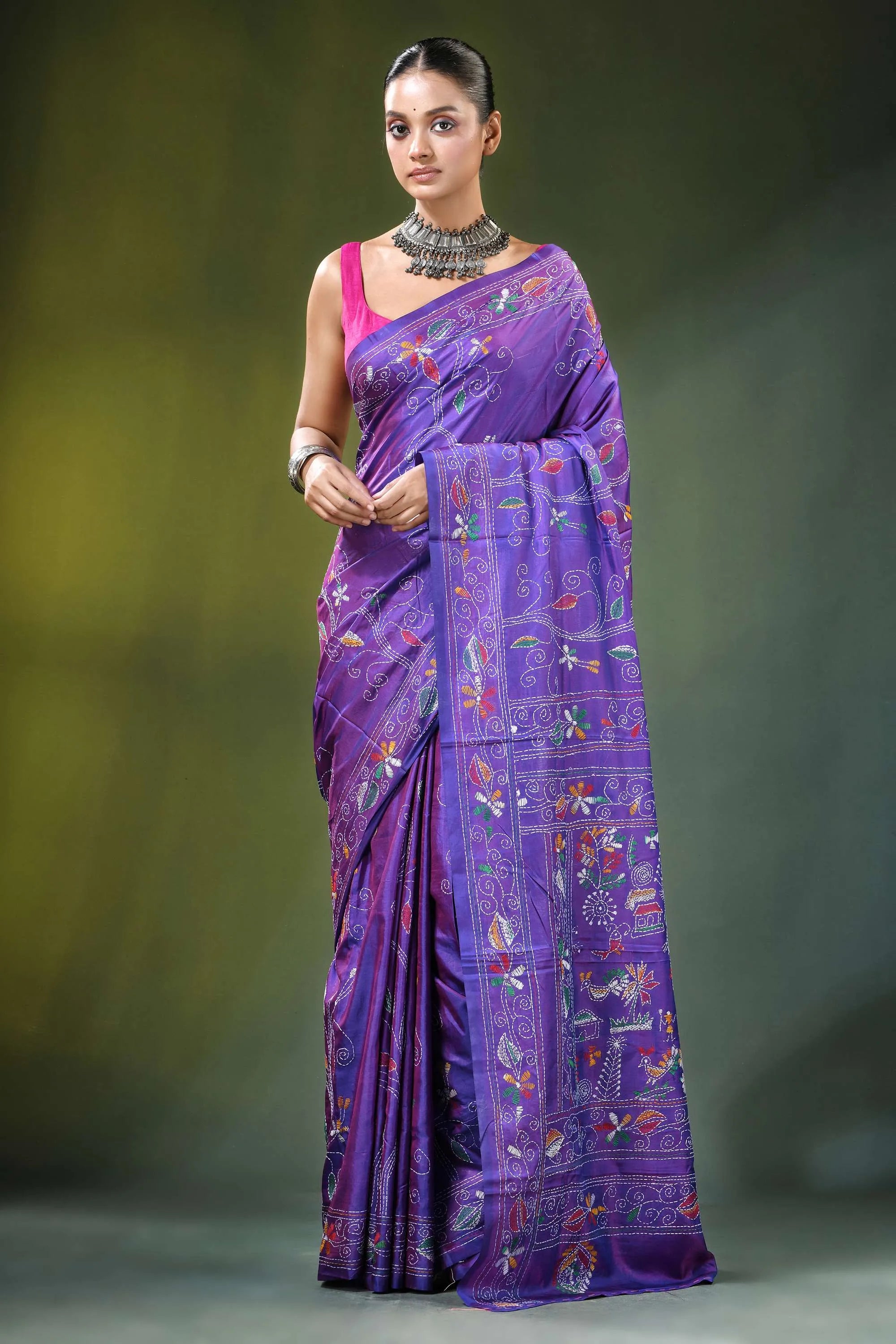 Lavender purple silk kantha stitch saree - ethnic folk art vibrant adorned 1