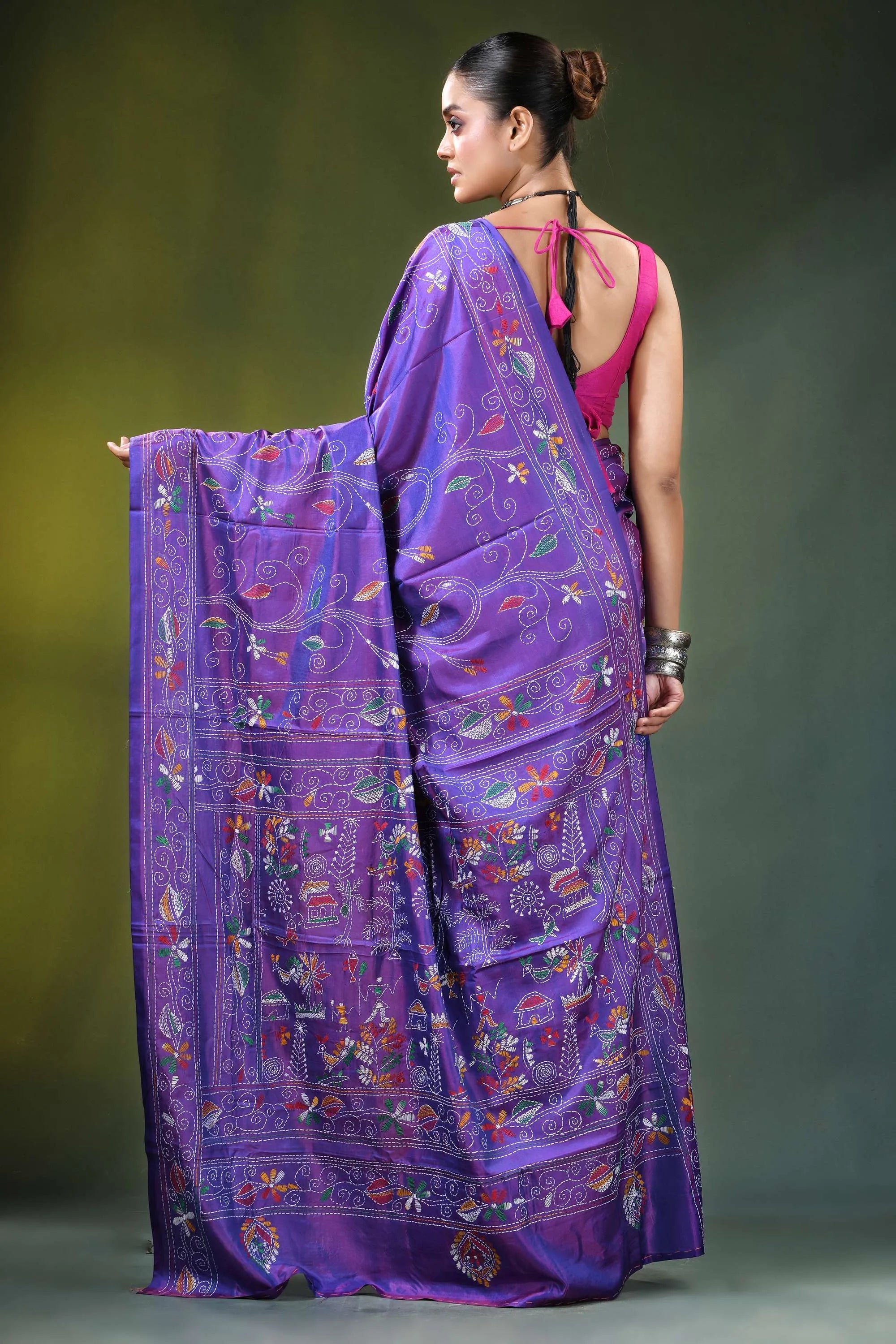 Lavender purple silk kantha stitch saree - ethnic folk art vibrant adorned 5