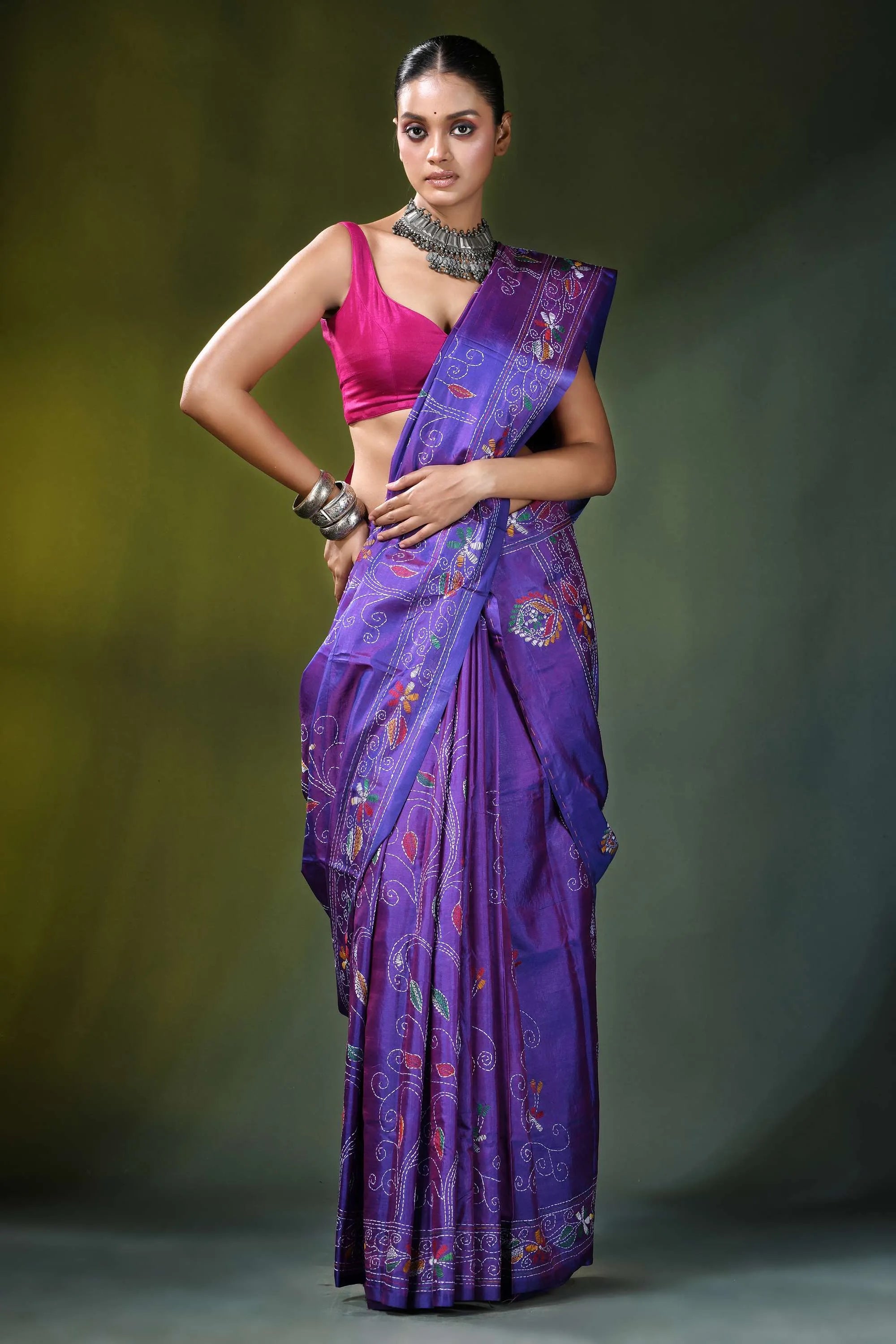Lavender purple silk kantha stitch saree - ethnic folk art vibrant adorned 4