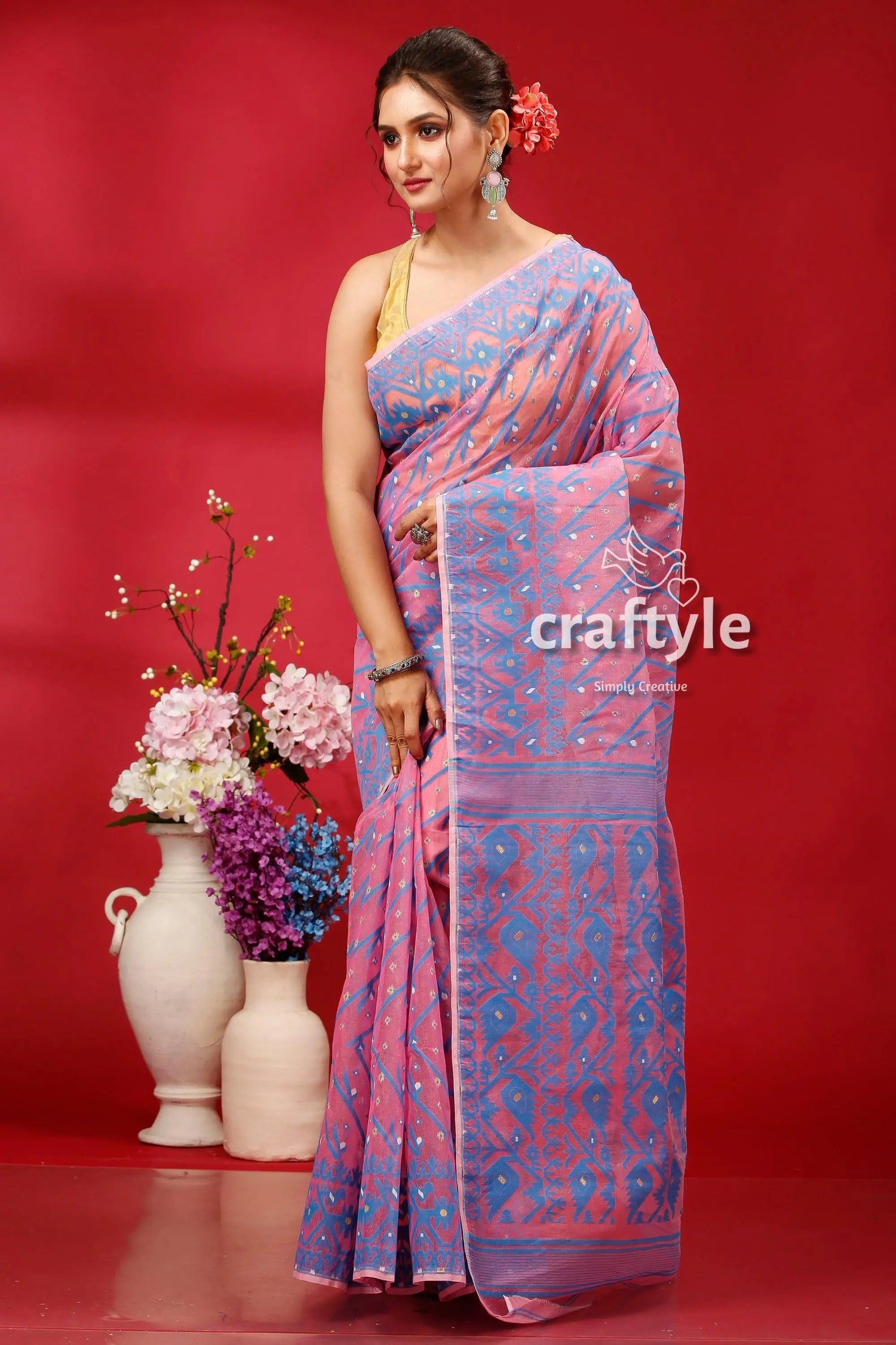 Lavender rose traditional handloom jamdani sari pink blue patterned saree 3