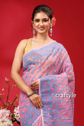 Lavender rose traditional handloom jamdani sari pink blue patterned saree 2