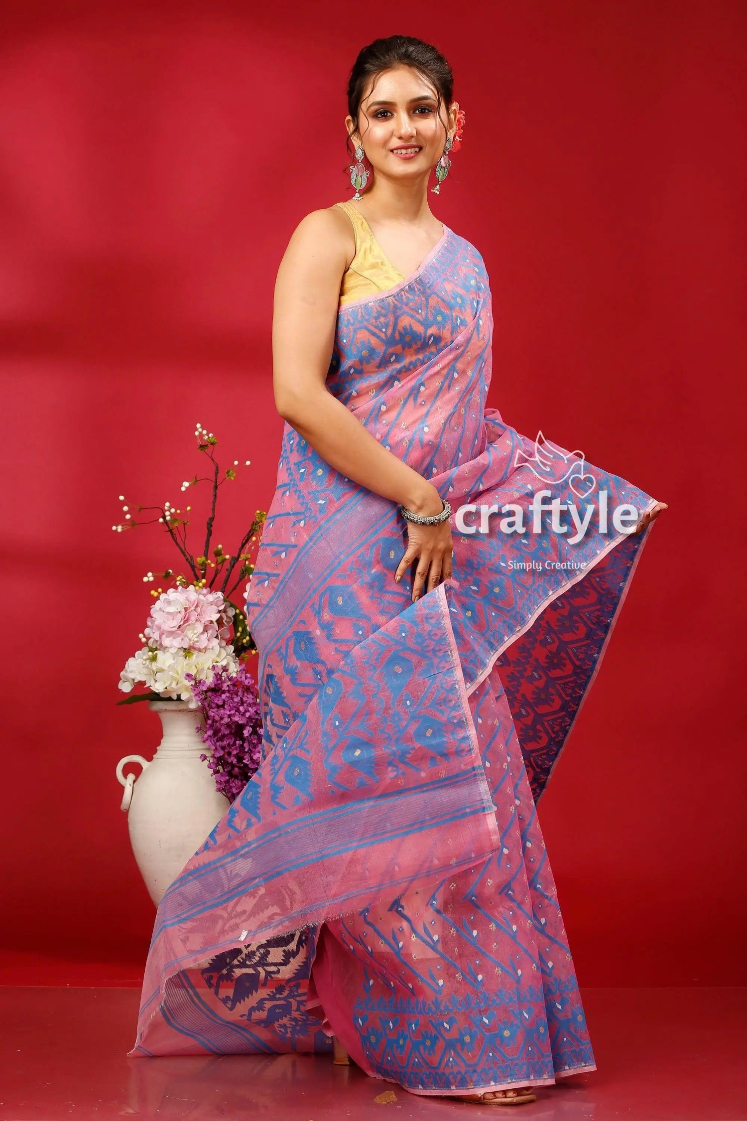 Lavender rose traditional handloom jamdani sari woman pink blue saree 4