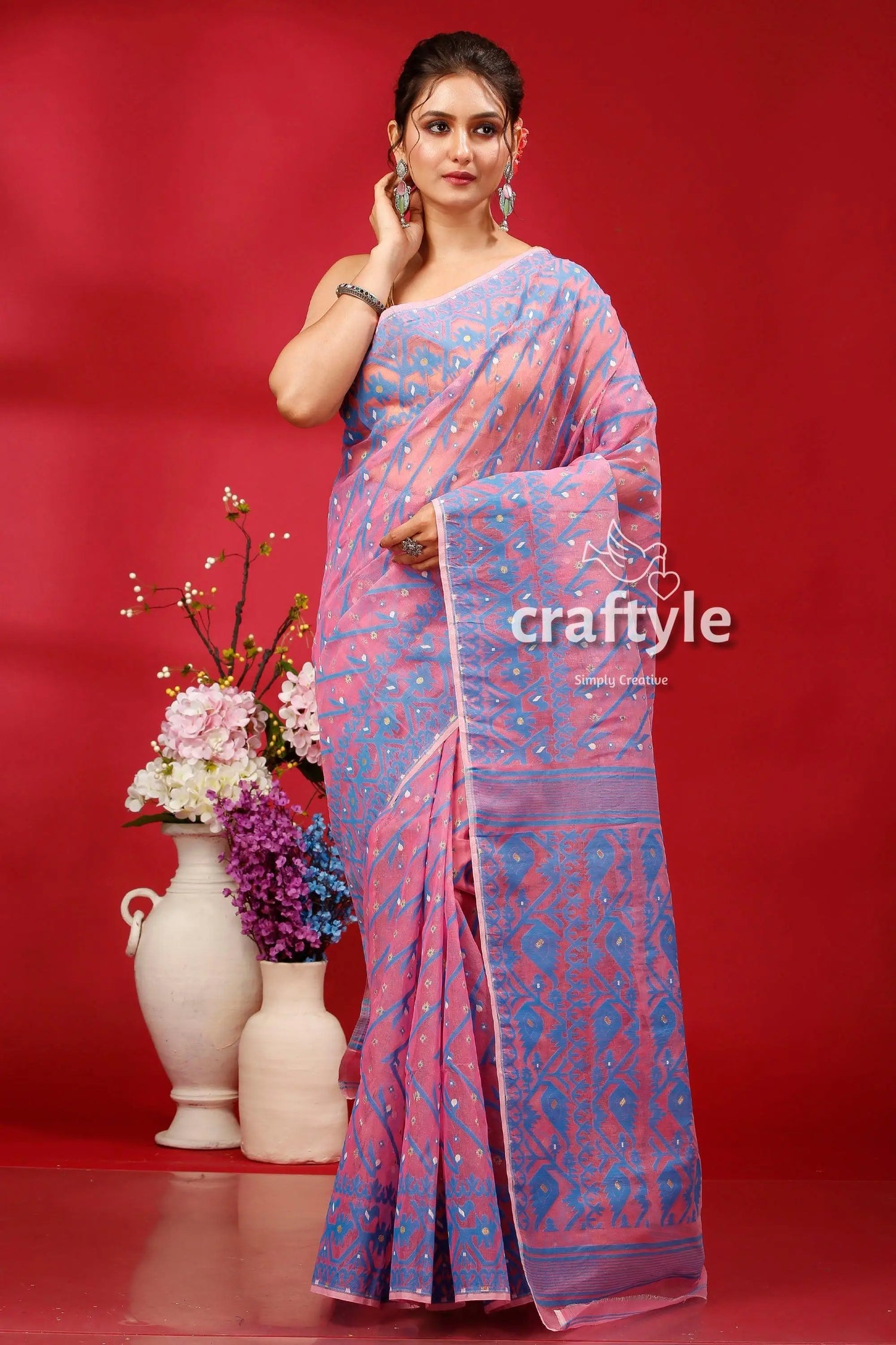 Lavender rose traditional handloom jamdani sari pink blue patterned saree 1