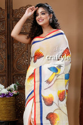 Leaf & bird motif hand painted kerala cotton saree woman painted bird saree 3