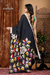 Leaf design exclusive black hand batik pure cotton saree black saree floral batik design 5