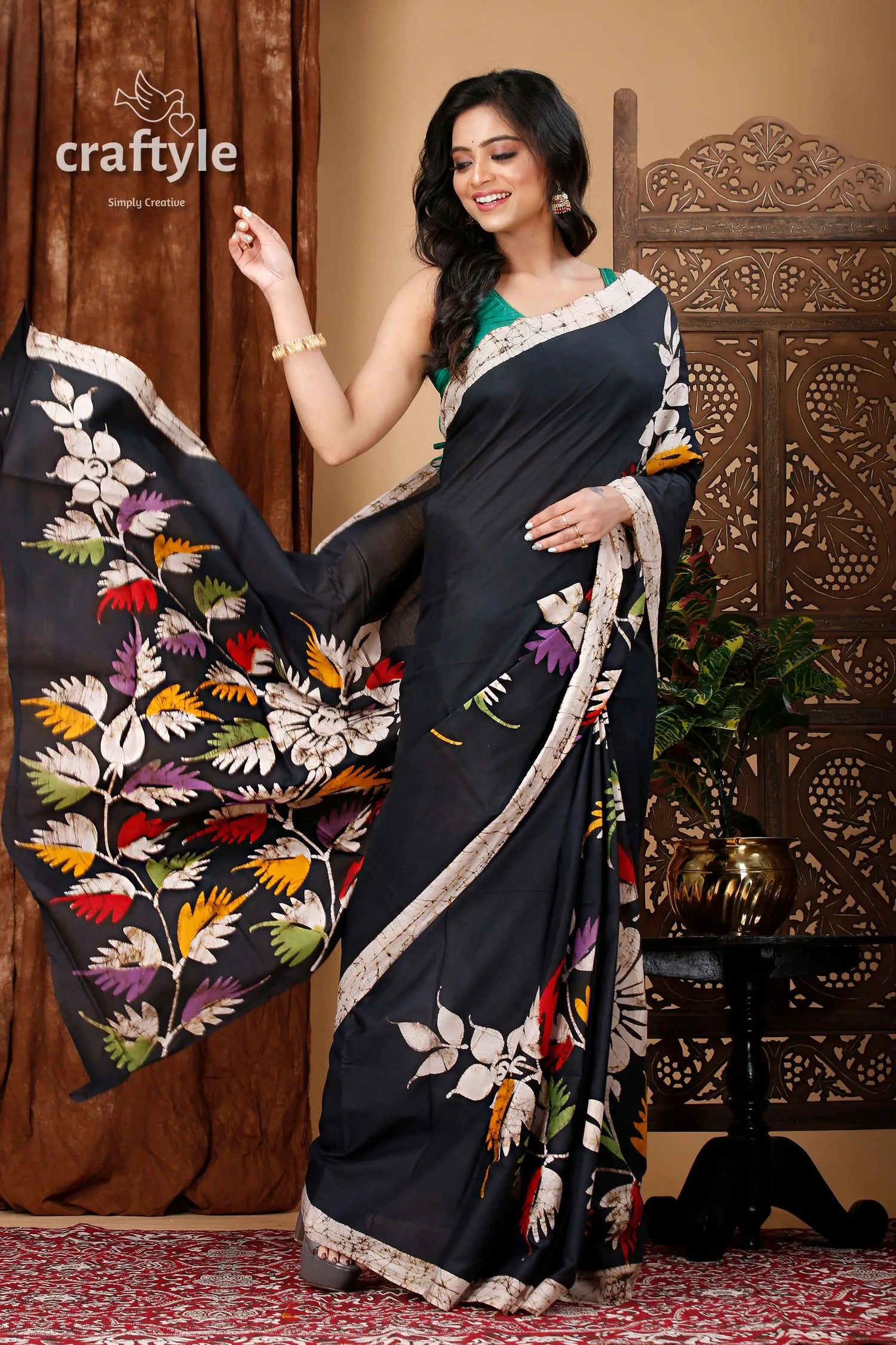 Leaf design exclusive black hand batik pure cotton saree black saree floral batik print 4