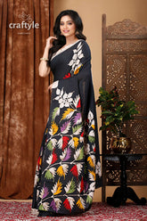 Leaf design exclusive black hand batik pure cotton saree black saree colorful floral leaf 3