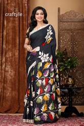 Leaf design exclusive black hand batik pure cotton saree black floral-patterned saree 1