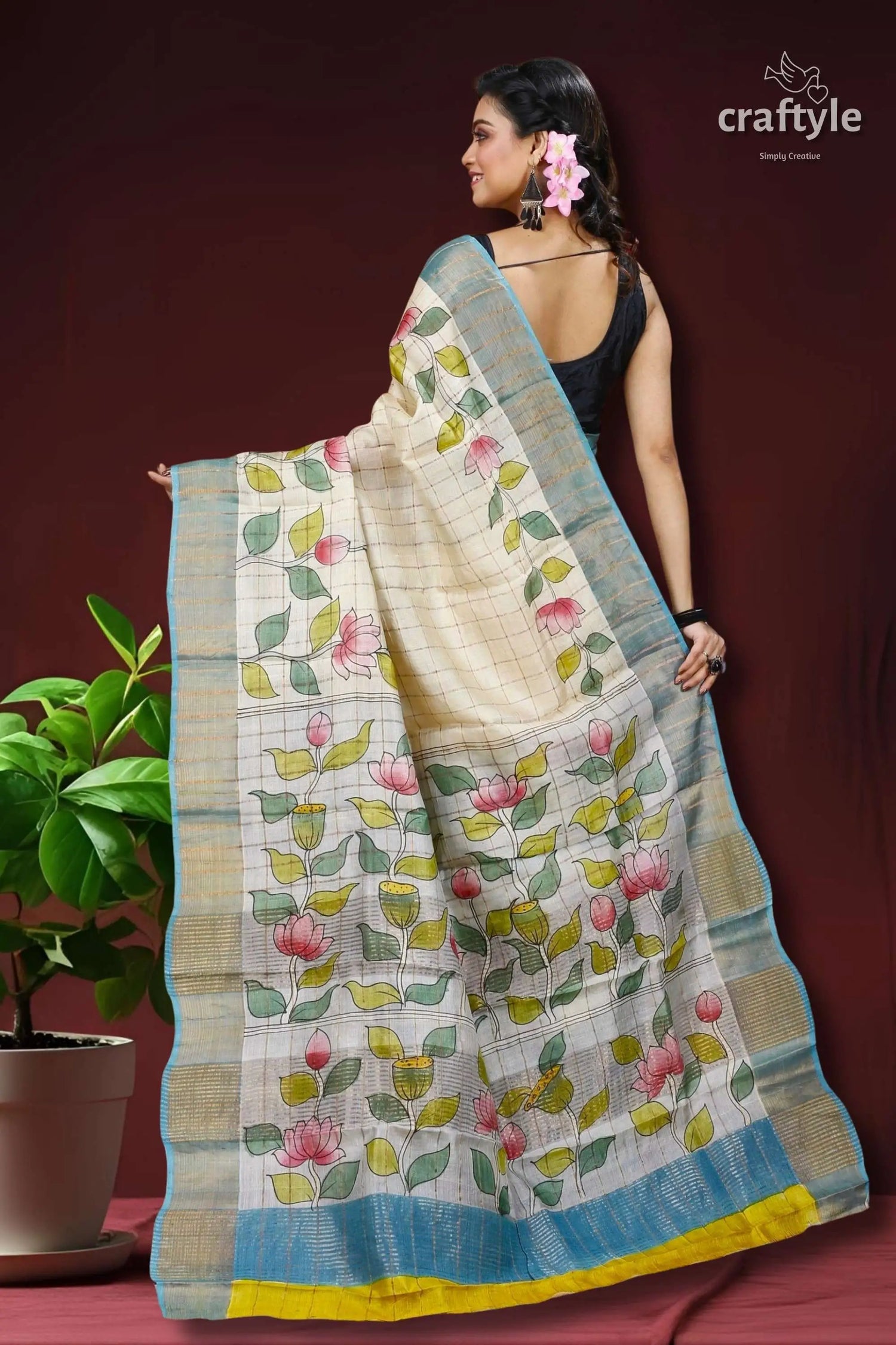 Leaf design hand painted zari pure tussar kalamkari saree floral-patterned saree blue yellow trim 4