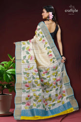 Leaf design hand painted zari pure tussar kalamkari saree floral-patterned saree blue yellow trim 4
