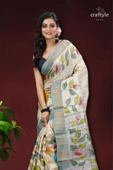 Leaf design hand painted zari pure tussar kalamkari saree floral-patterned saree 2