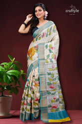 Leaf design hand painted zari pure tussar kalamkari saree woman floral-patterned saree 3