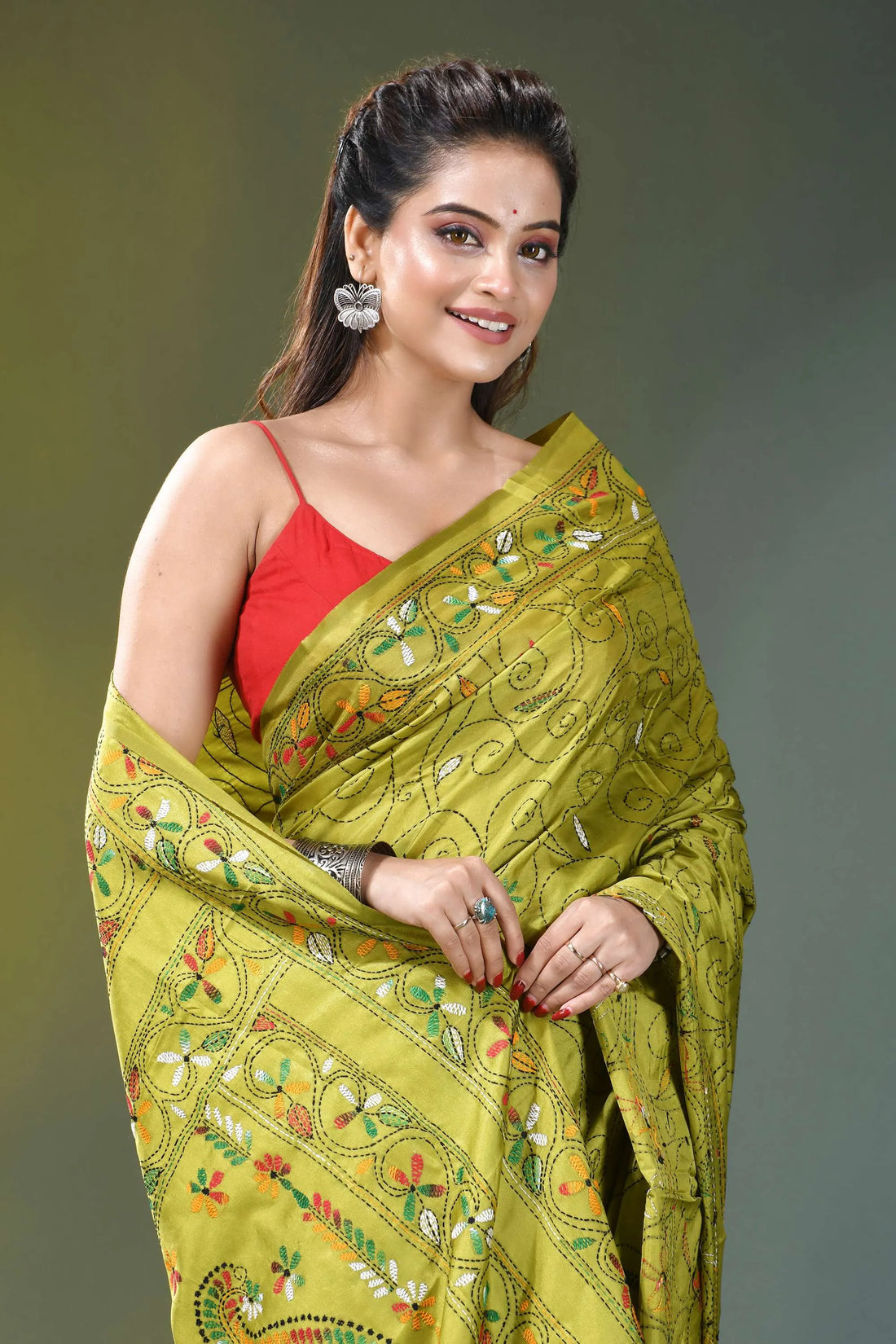 Leaf green floral pattern hand embroidered silk saree vibrant lime green saree intricate 2