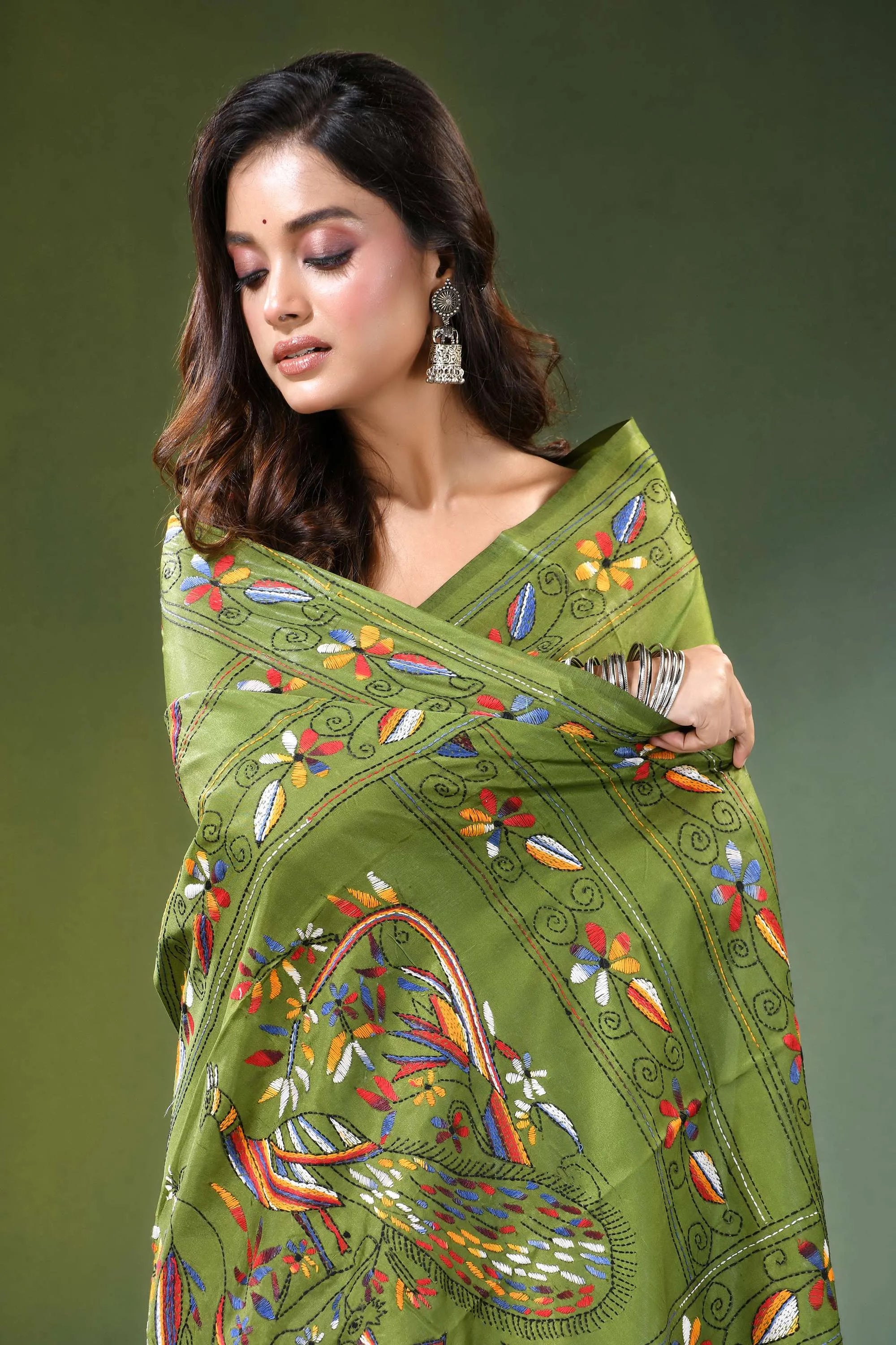 Leaf green peacock motif hand embroidered silk kantha saree vibrant olive adorned 2