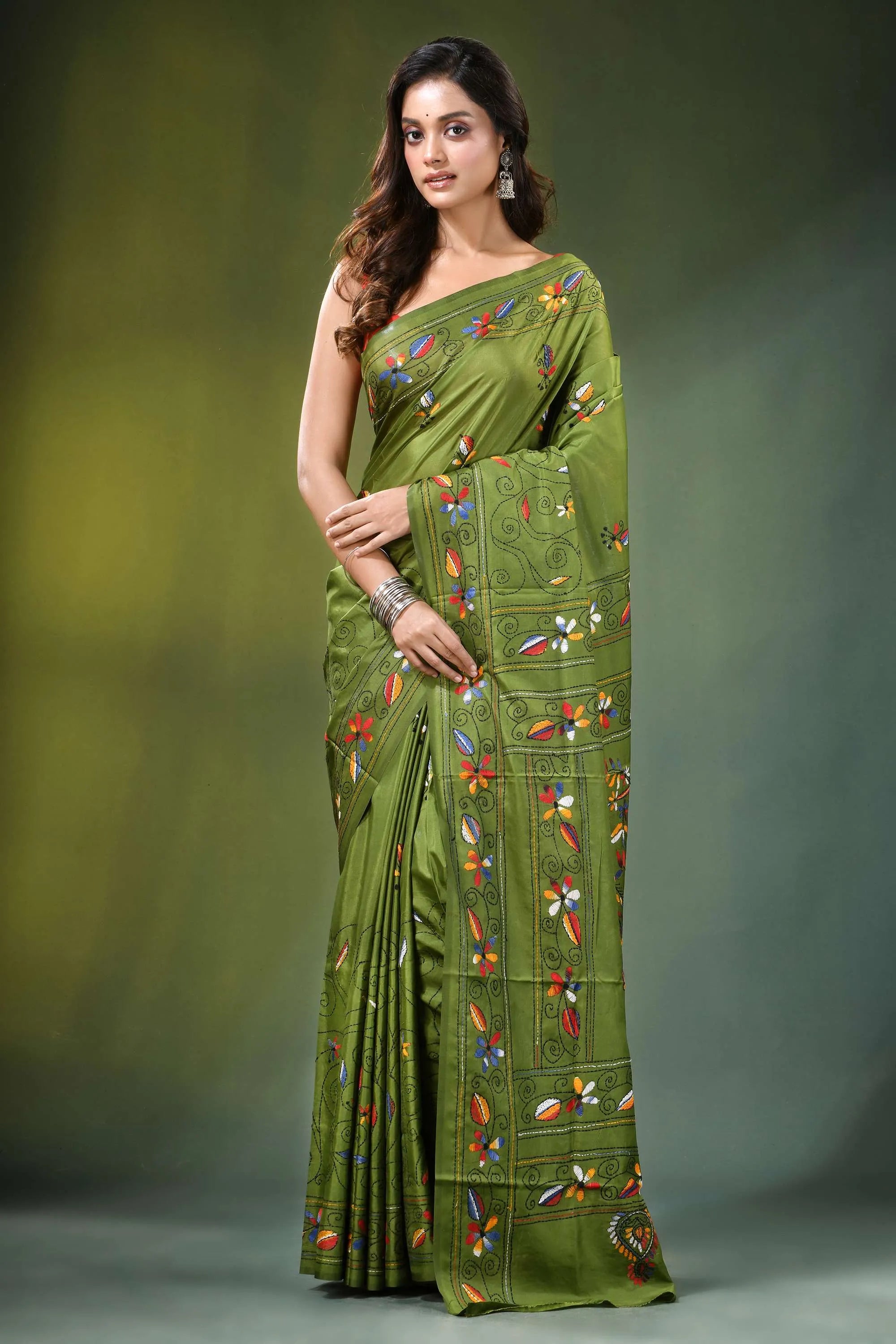 Leaf green peacock motif hand embroidered silk kantha saree vibrant olive 1