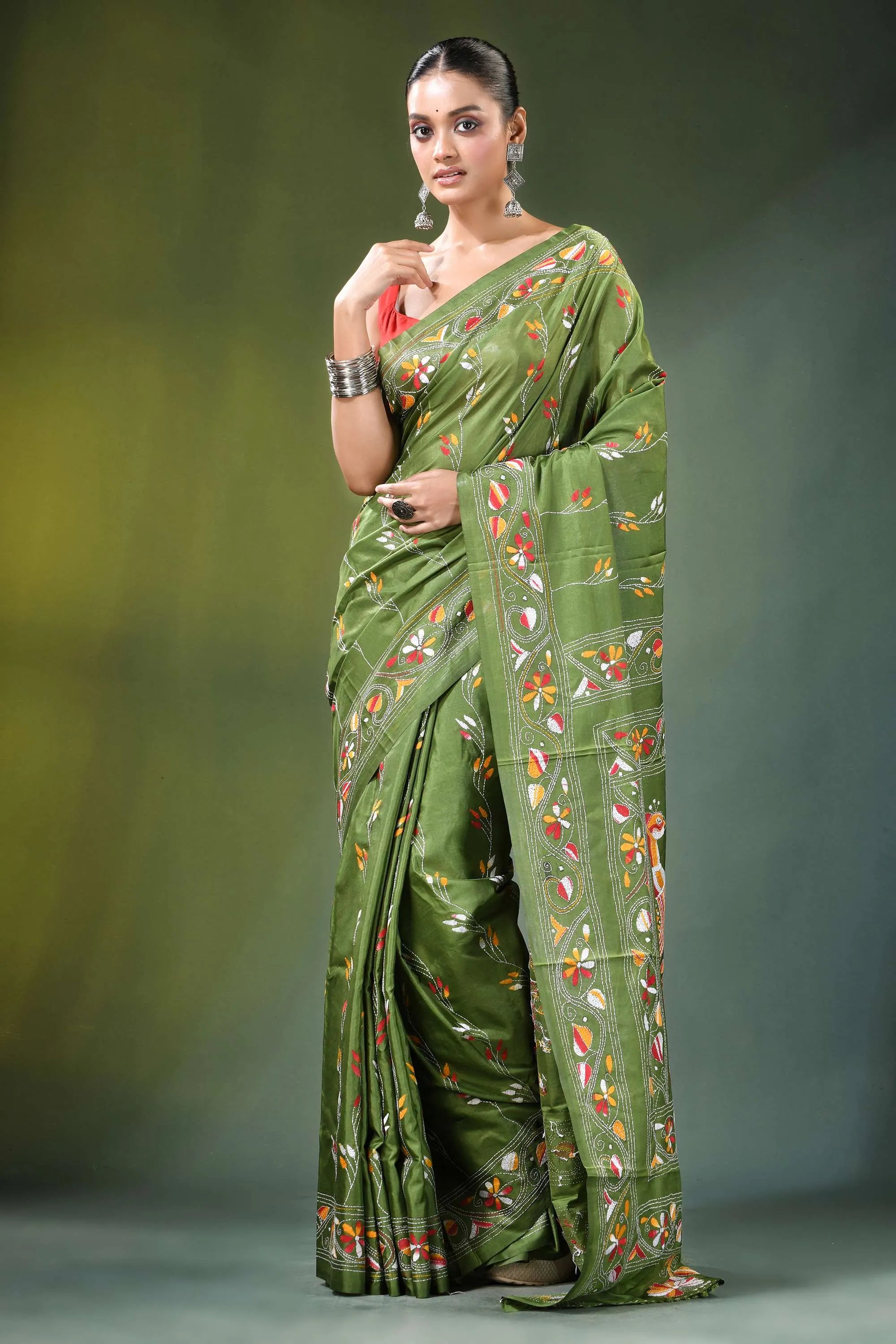 Leaf green peacock motif handmade silk kantha saree olive adorned 6