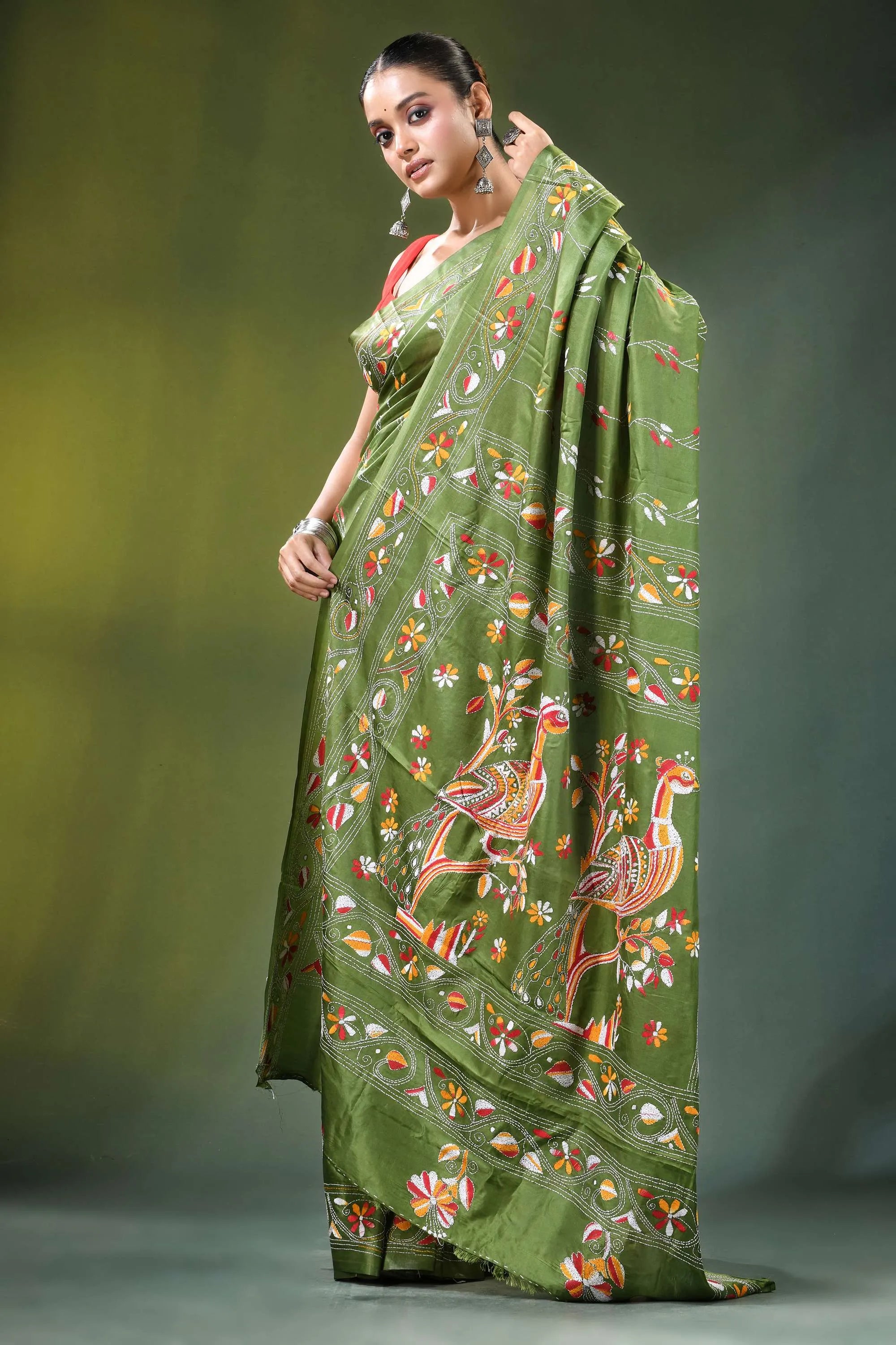 Leaf green peacock motif handmade silk kantha saree olive adorned 4