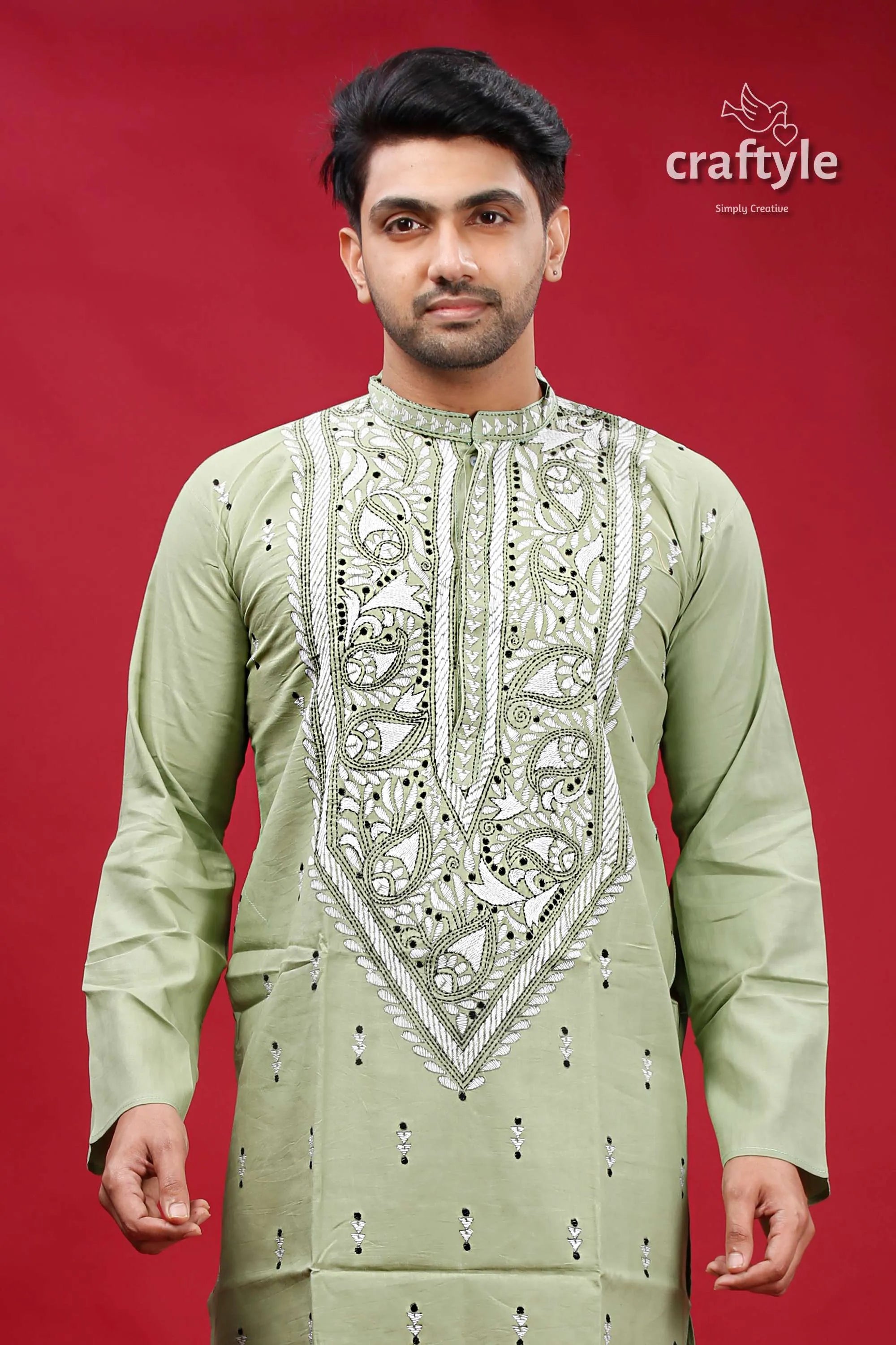Lemon grass cotton kantha stitch kurta for men embroidered light green 2