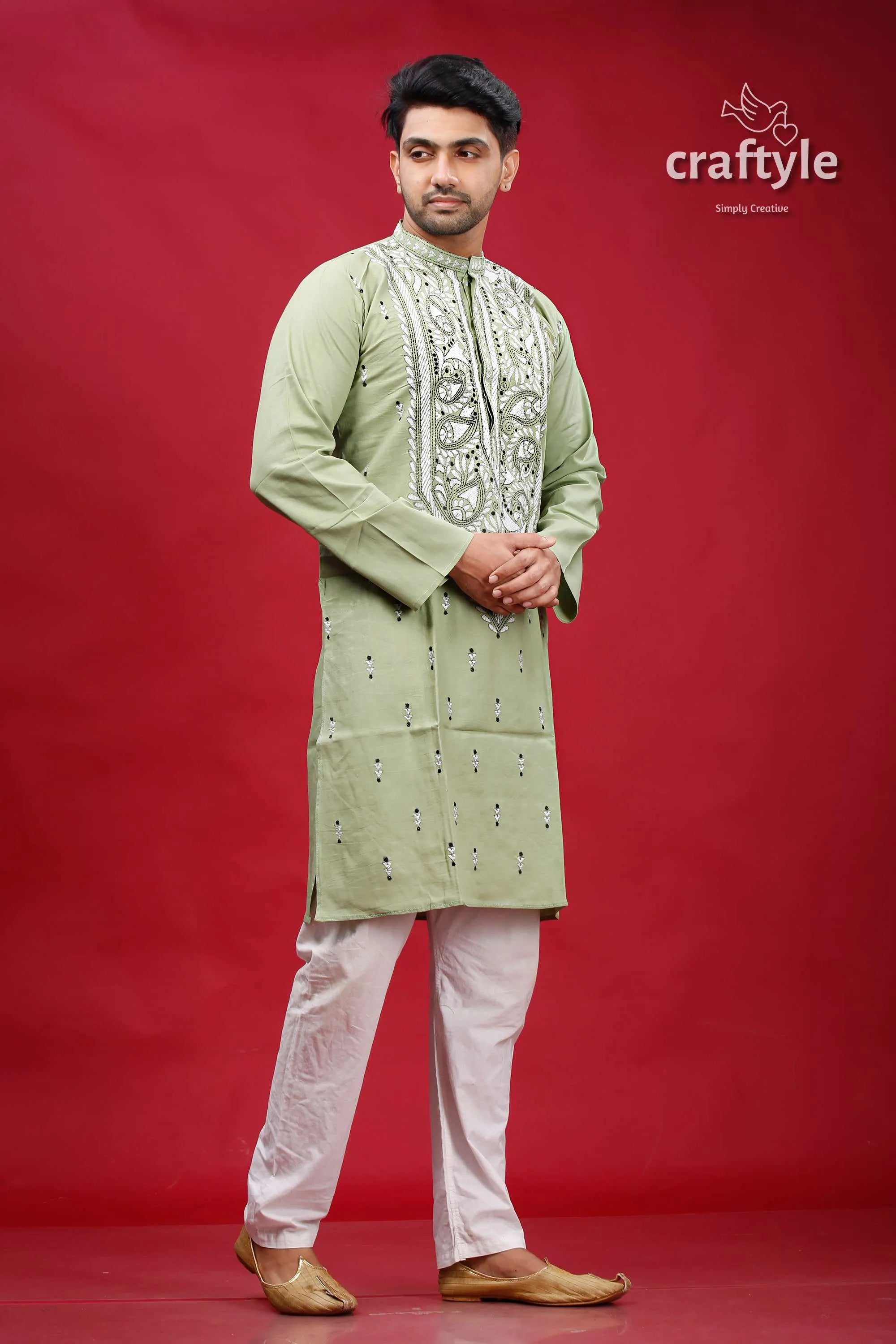Lemon grass cotton kantha stitch kurta for men man embroidered pants 4