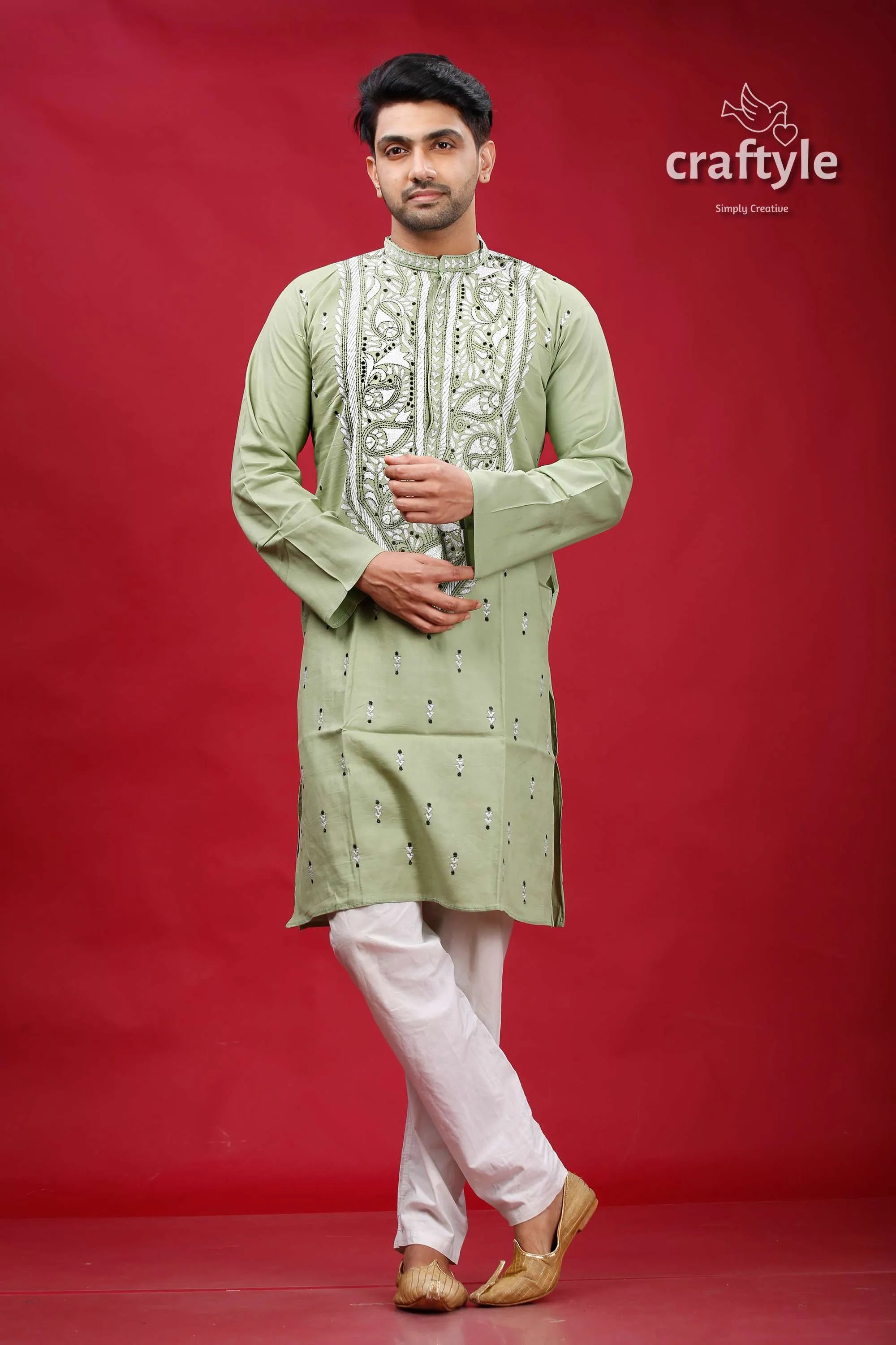Lemon grass cotton kantha stitch kurta for men man embroidered pajama 1