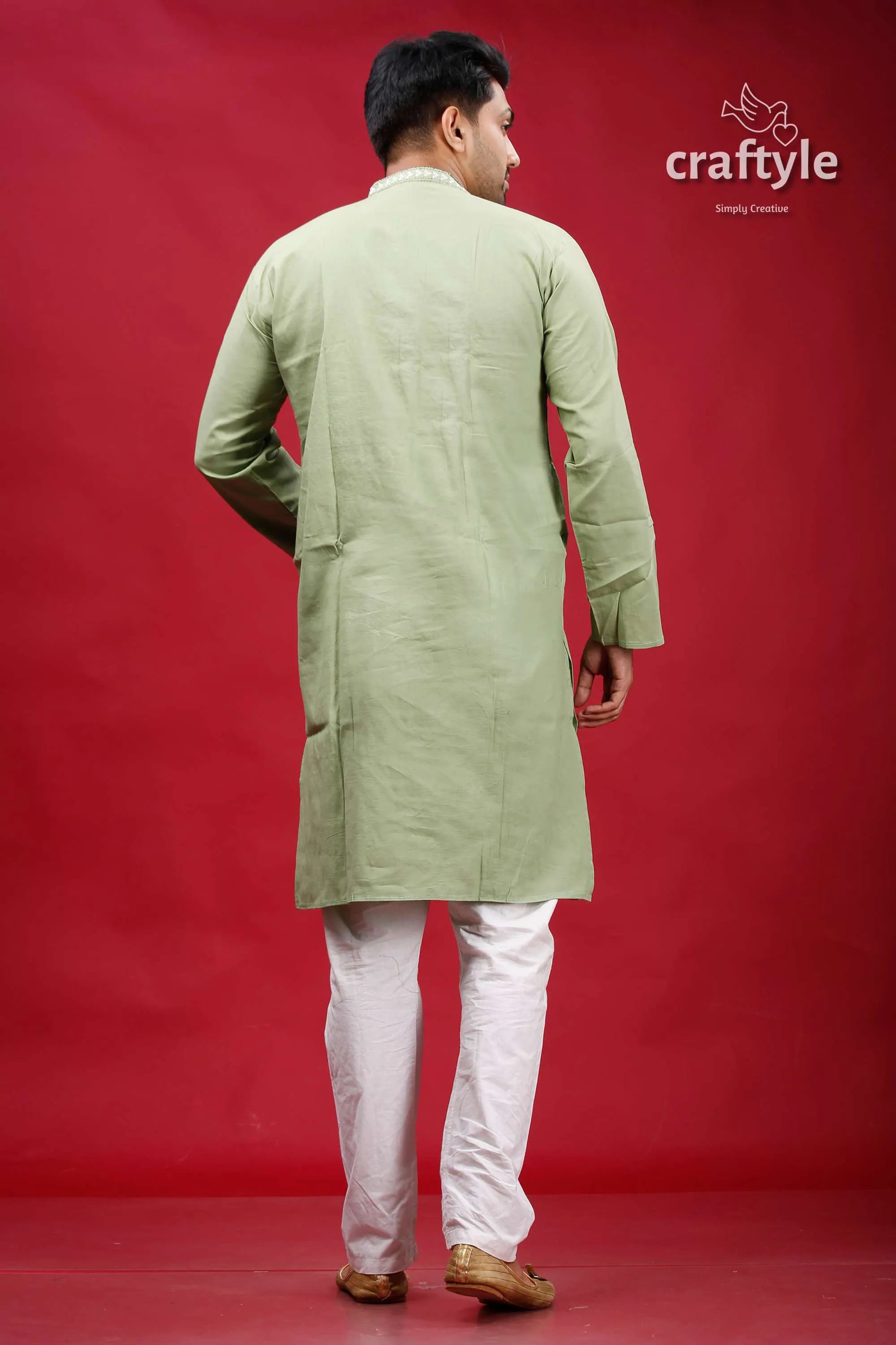 Lemon grass cotton kantha stitch kurta for men man’s light green white 5