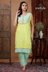 Lemon yellow designer cotton kurti with straight pant woman yellow green patterned outfit 1