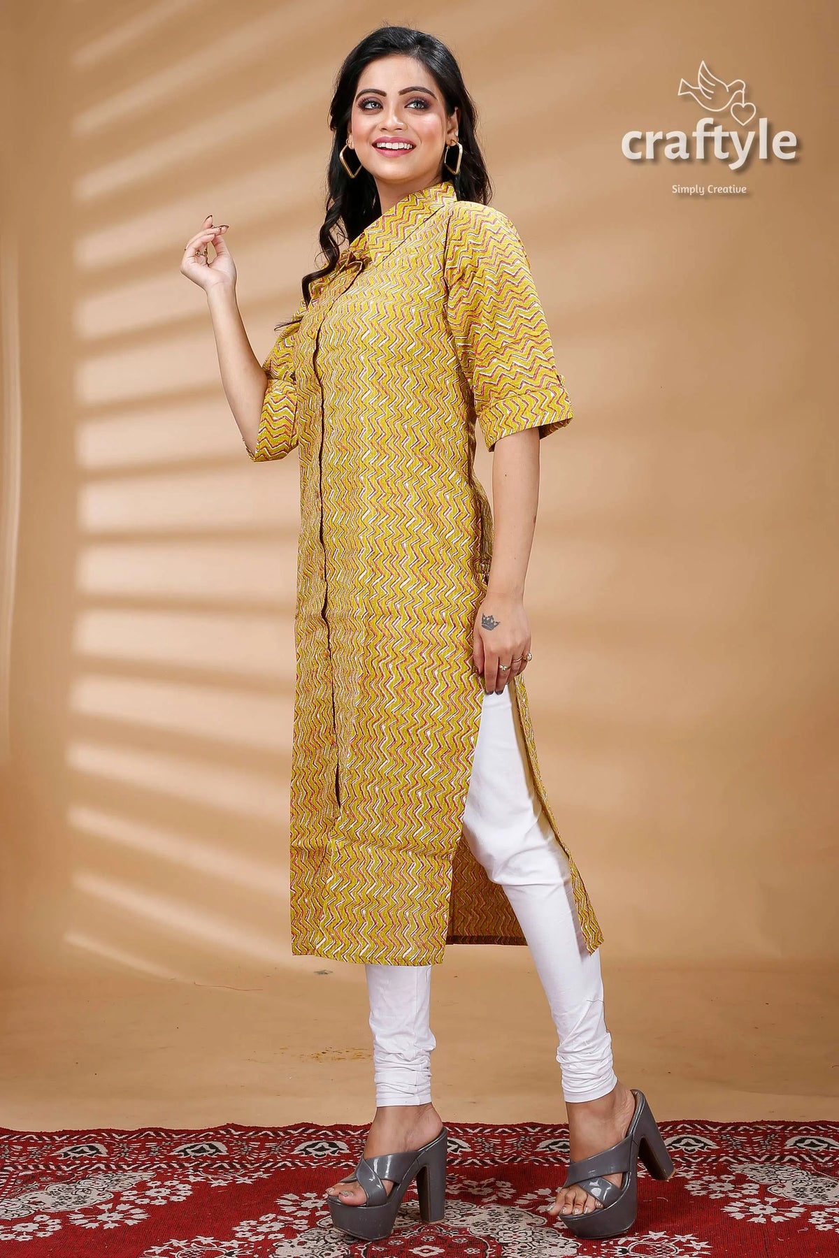 Lemon yellow pure cotton ajrakh zigzag pattern kurti woman patterned kurta white 4