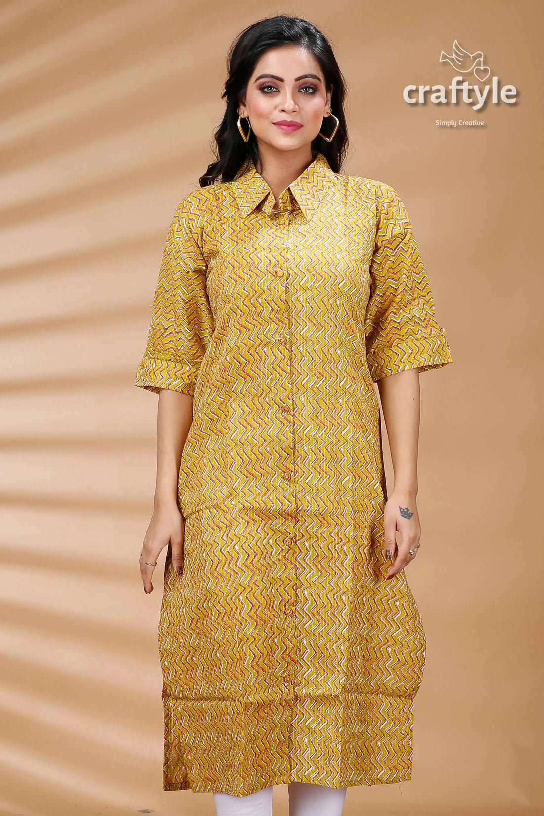 Lemon yellow pure cotton ajrakh zigzag pattern kurti printed collared kurta 2
