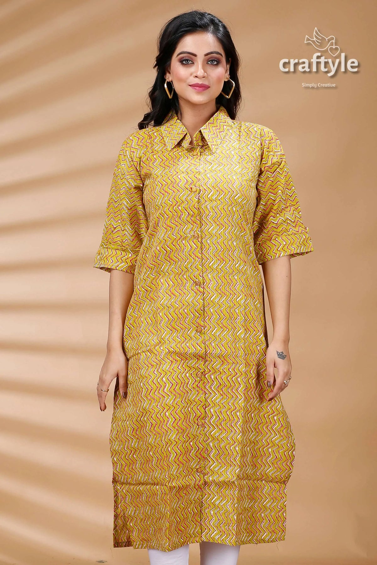 Lemon yellow pure cotton ajrakh zigzag pattern kurti printed collared kurta 2