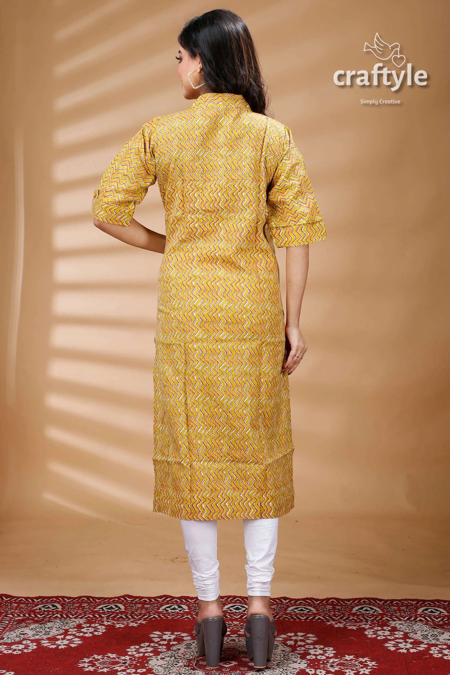 Lemon yellow pure cotton ajrakh zigzag pattern kurti woman’s yellow patterned kurta 5