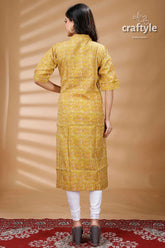 Lemon yellow pure cotton ajrakh zigzag pattern kurti woman’s yellow patterned kurta 5