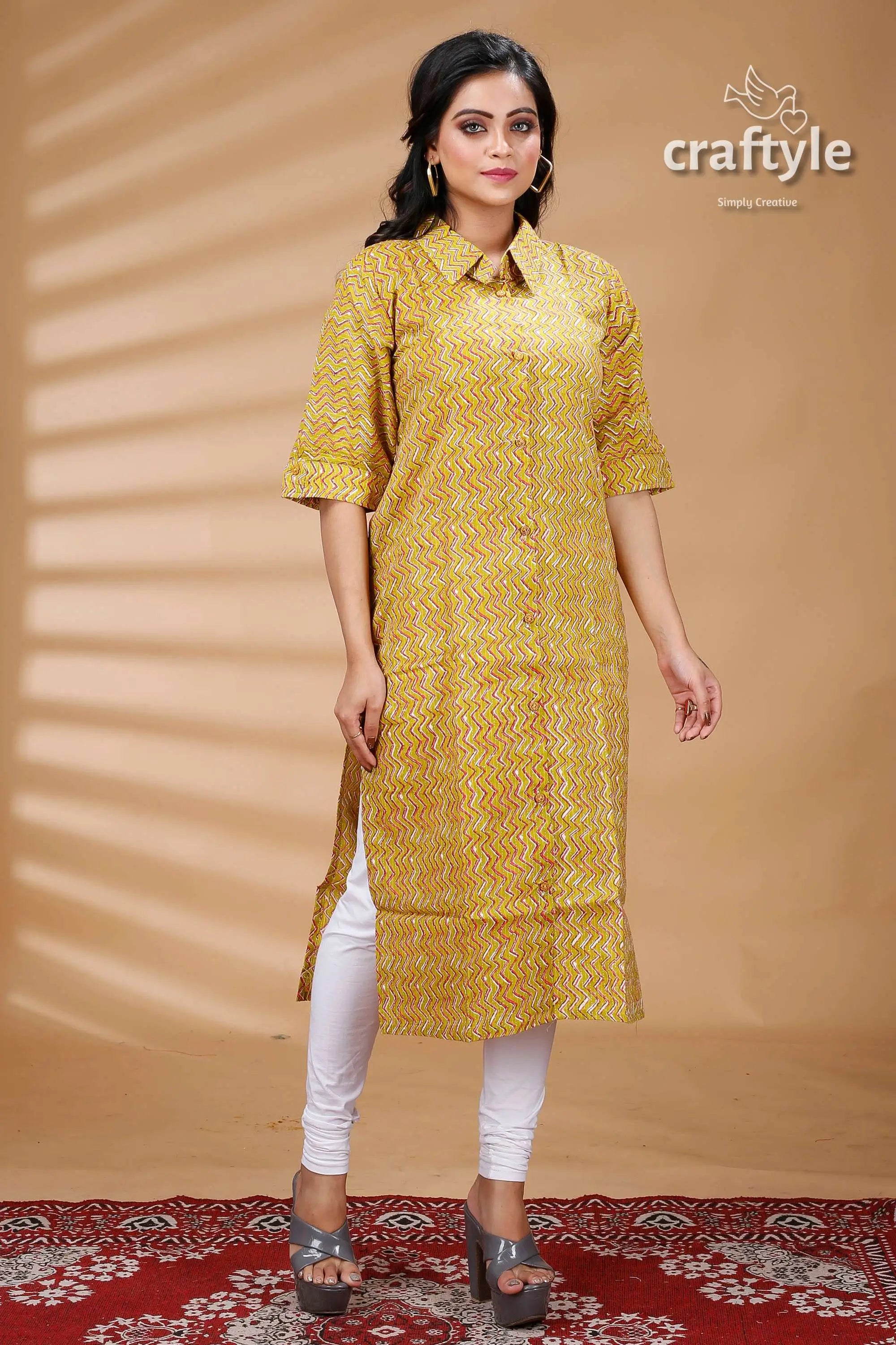Lemon yellow pure cotton ajrakh zigzag pattern kurti yellow patterned kurta white leggings 3