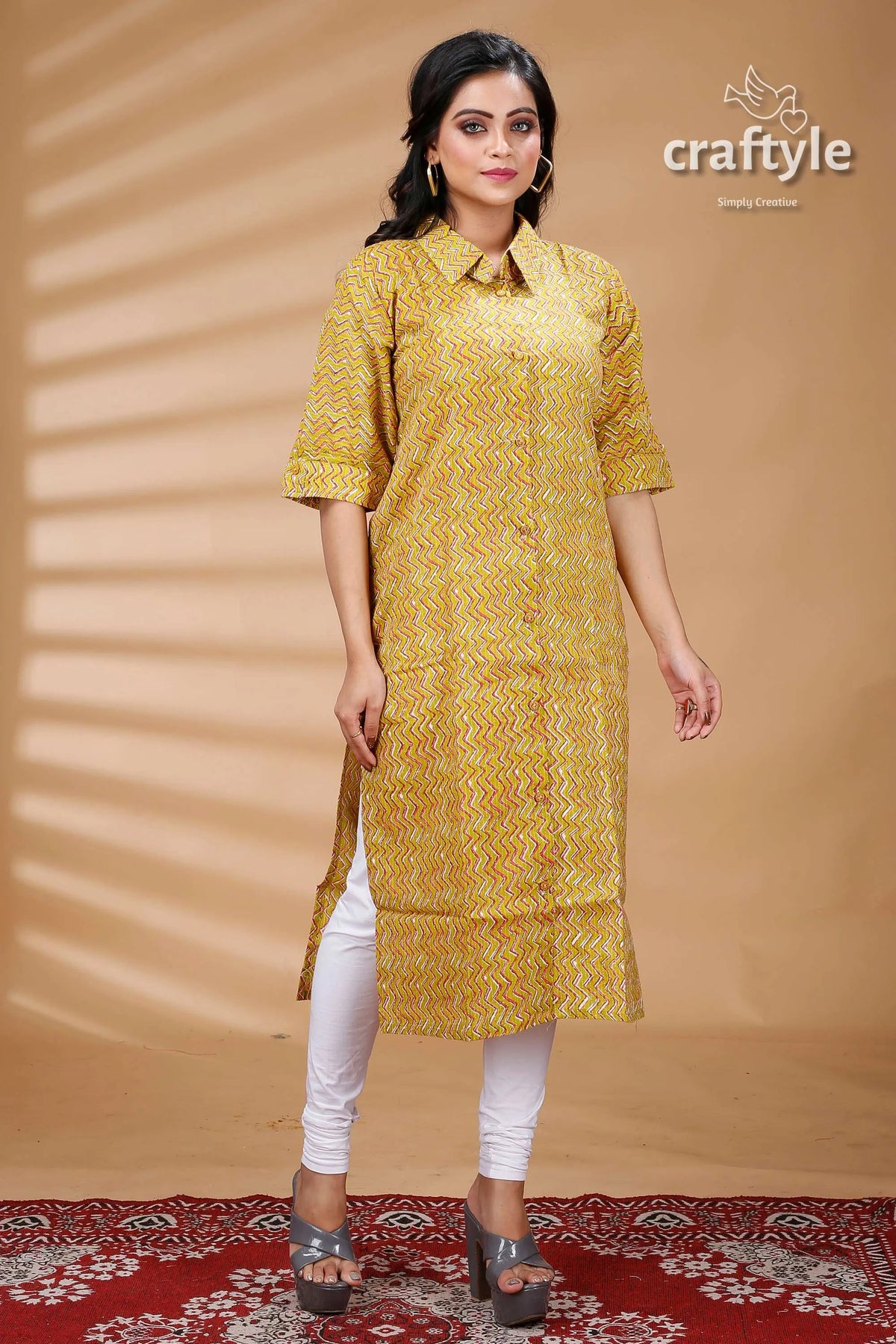 Lemon yellow pure cotton ajrakh zigzag pattern kurti patterned kurta white leggings 3