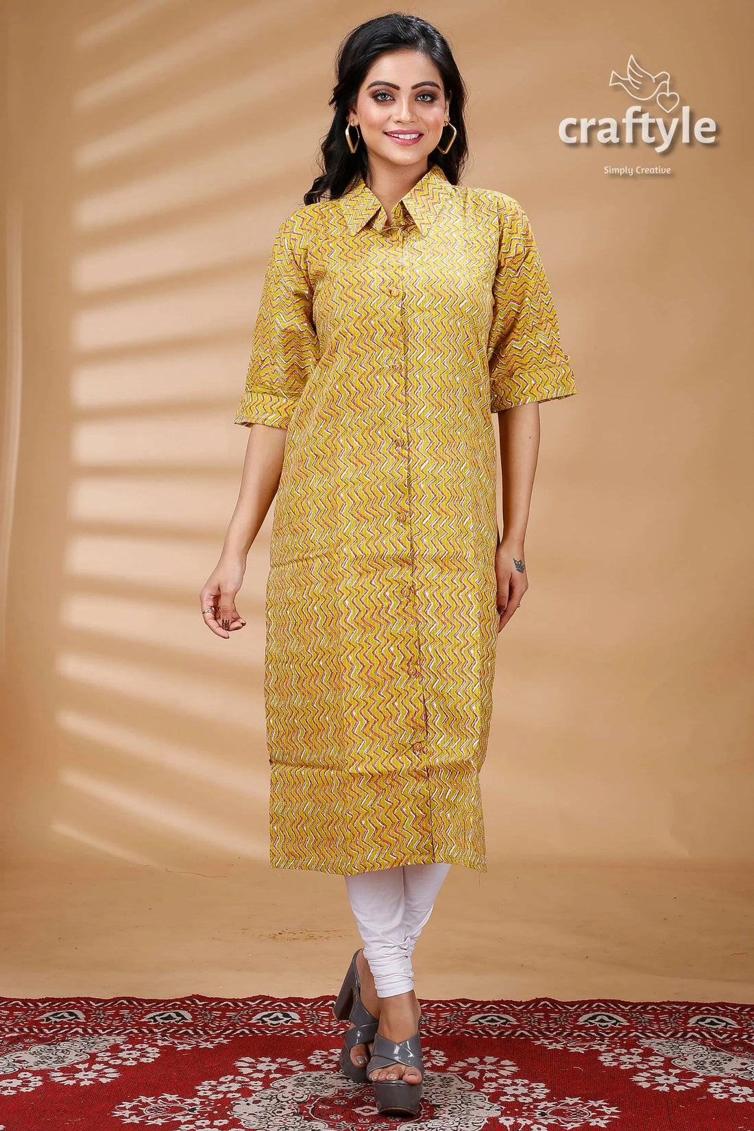 Lemon yellow pure cotton ajrakh zigzag pattern kurti woman’s patterned collared tunic 1