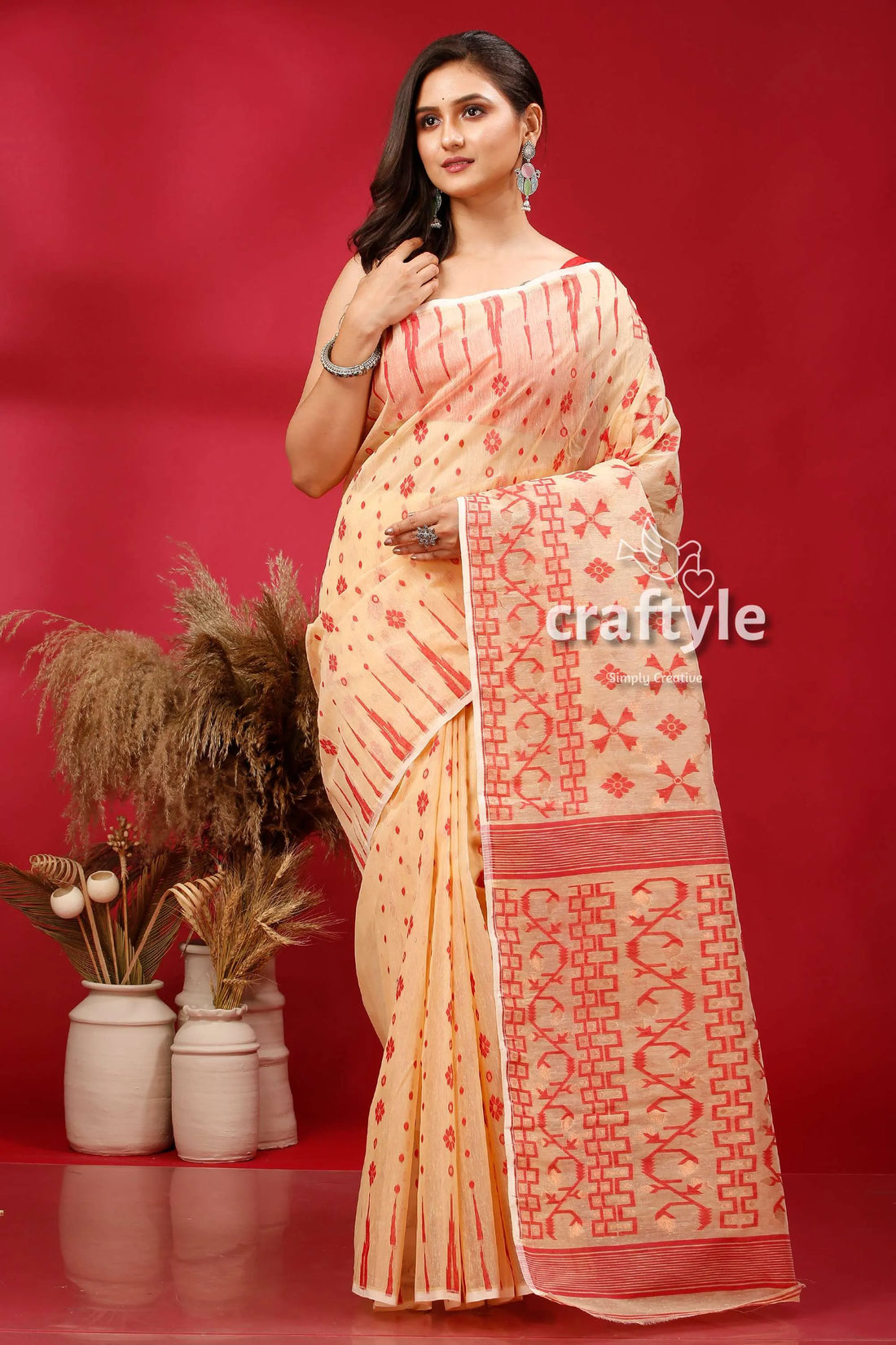 Light cream and red traditional dhakai jamdani saree peach-colored geometric patterns 1
