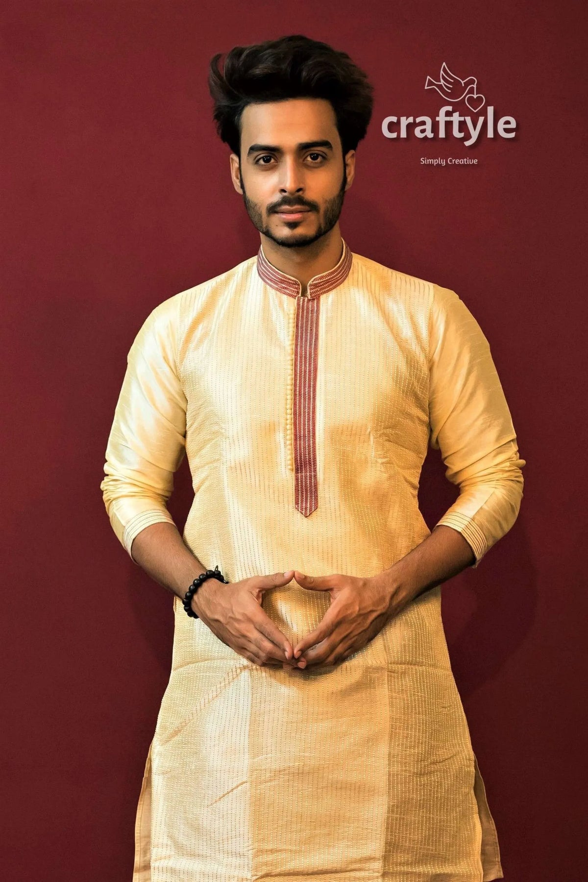 Light cream soft silk men kurta with embroidery neckline men’s yellow red trim 3