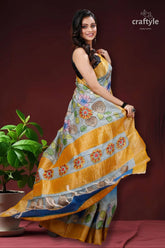 Light fern green authentic zari pure tussar kalamkari art saree woman floral-patterned saree 3