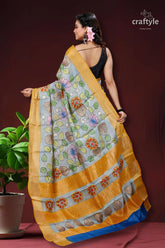 Light fern green authentic zari pure tussar kalamkari art saree floral-patterned saree gold border 4