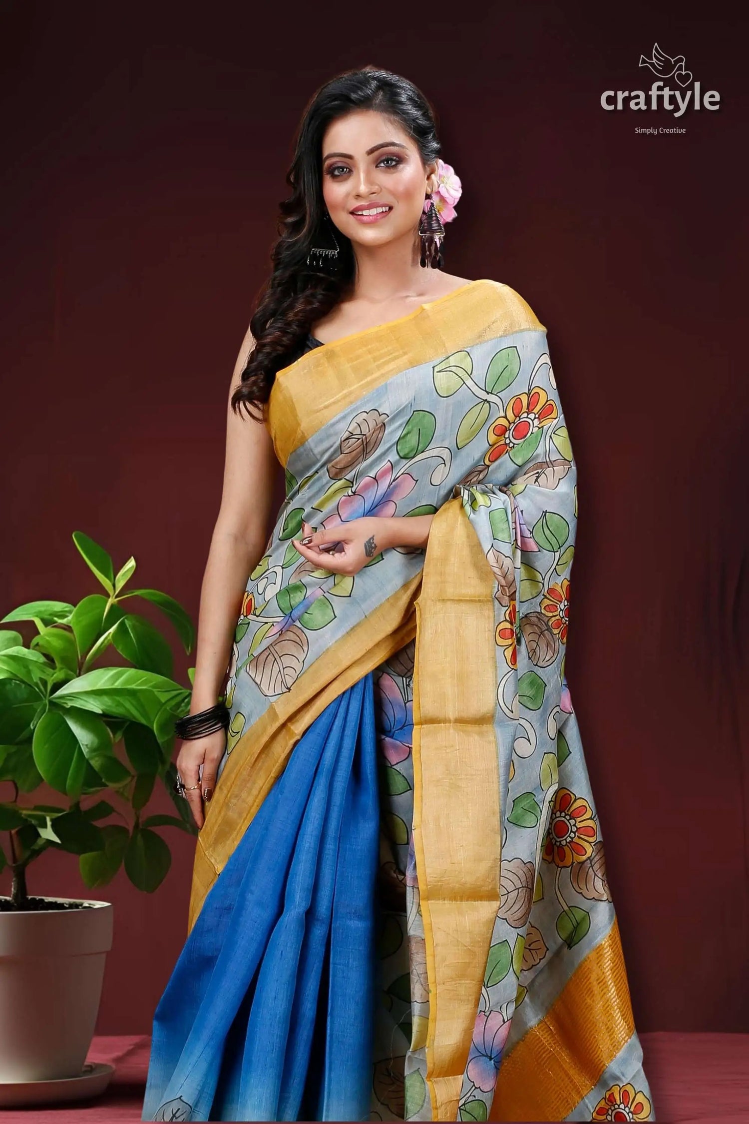 Light fern green authentic zari pure tussar kalamkari art saree woman blue floral saree 2