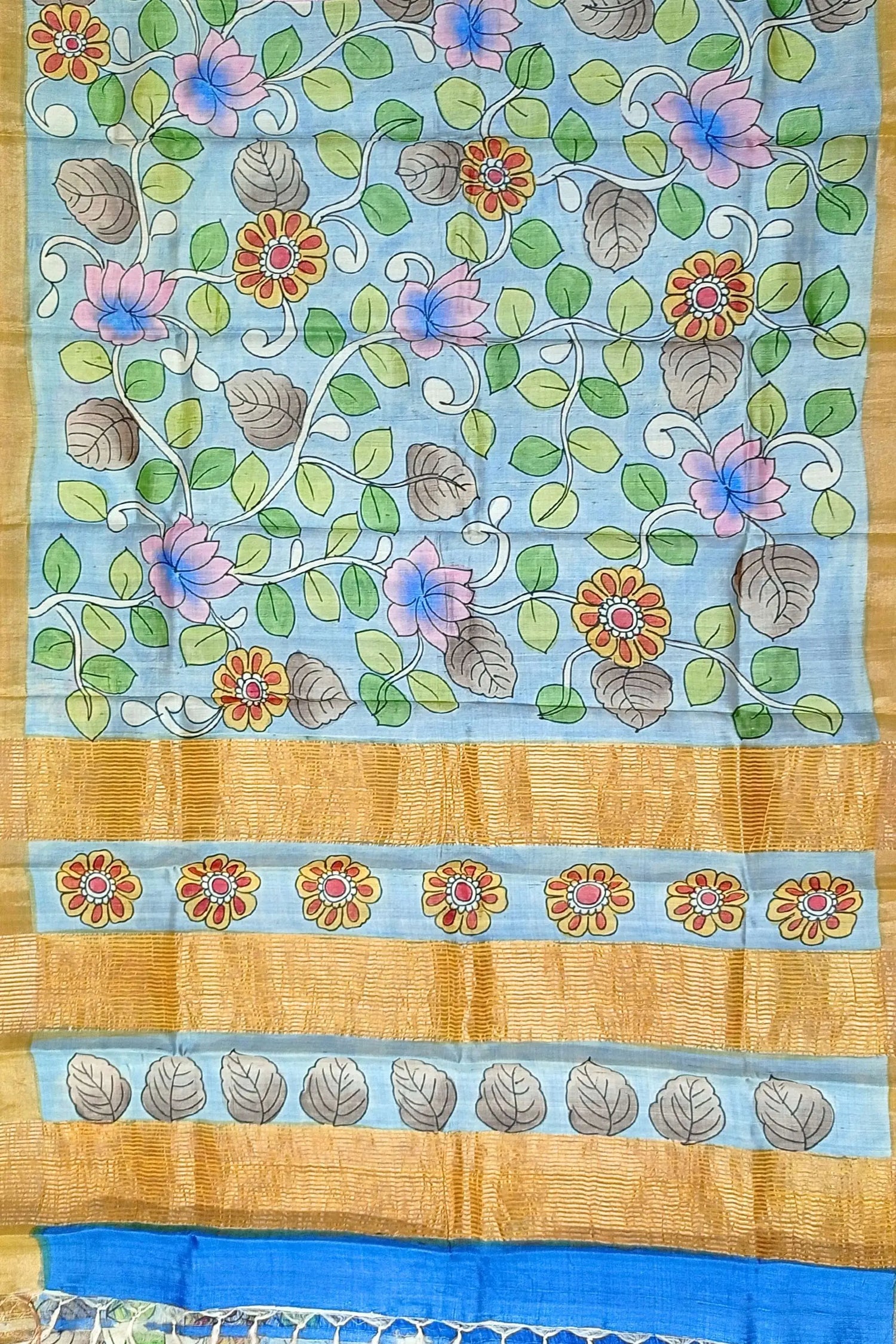 Light fern green authentic zari pure tussar kalamkari art saree floral-patterned fabric gold trim 5