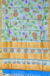 Light fern green authentic zari pure tussar kalamkari art saree floral-patterned fabric gold trim 5