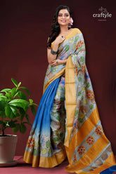 Light fern green authentic zari pure tussar kalamkari art saree woman floral-patterned saree 1