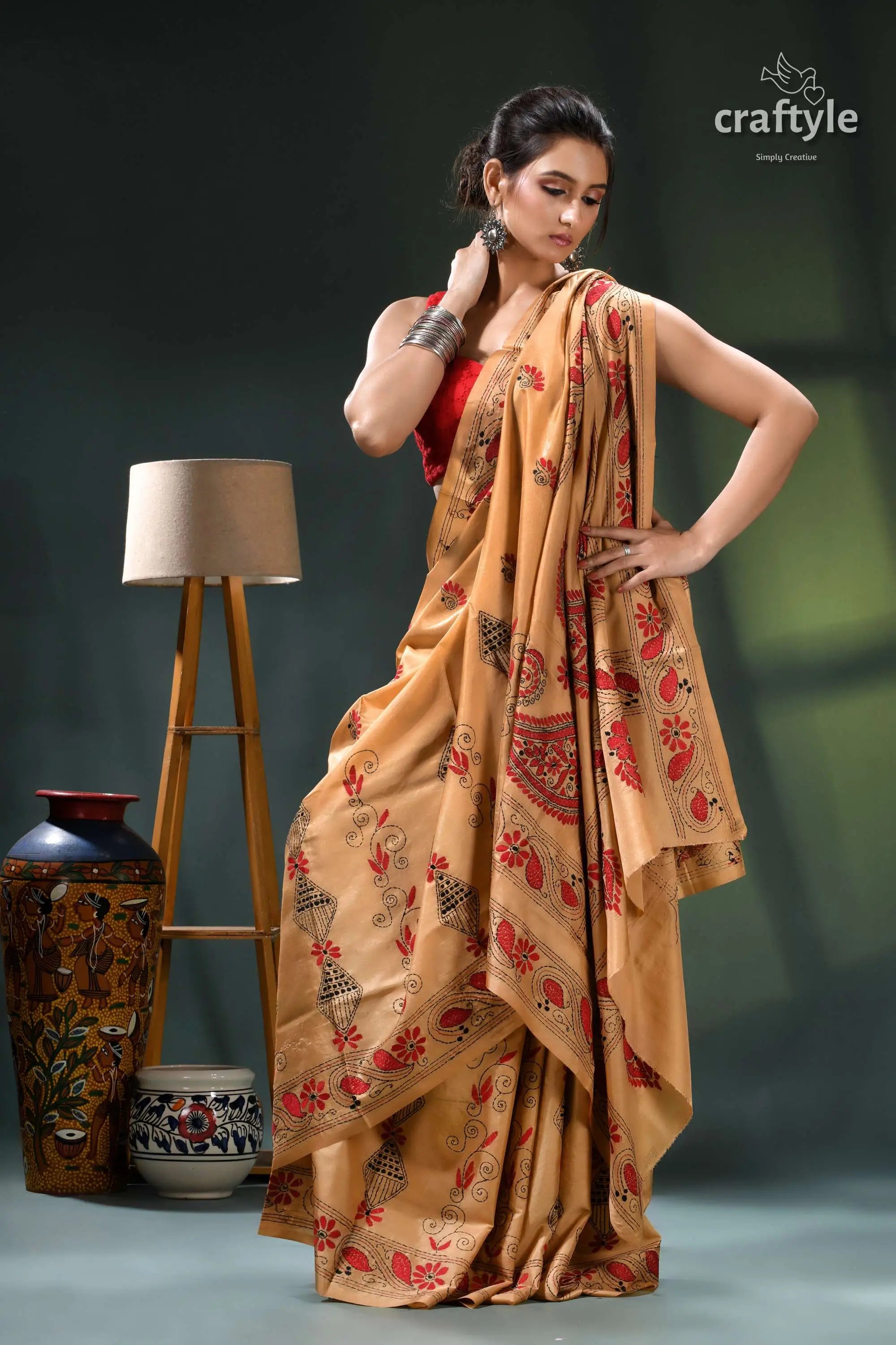 Light french beige and red hand embroidered silk kantha work saree gold red floral saree intricate 5