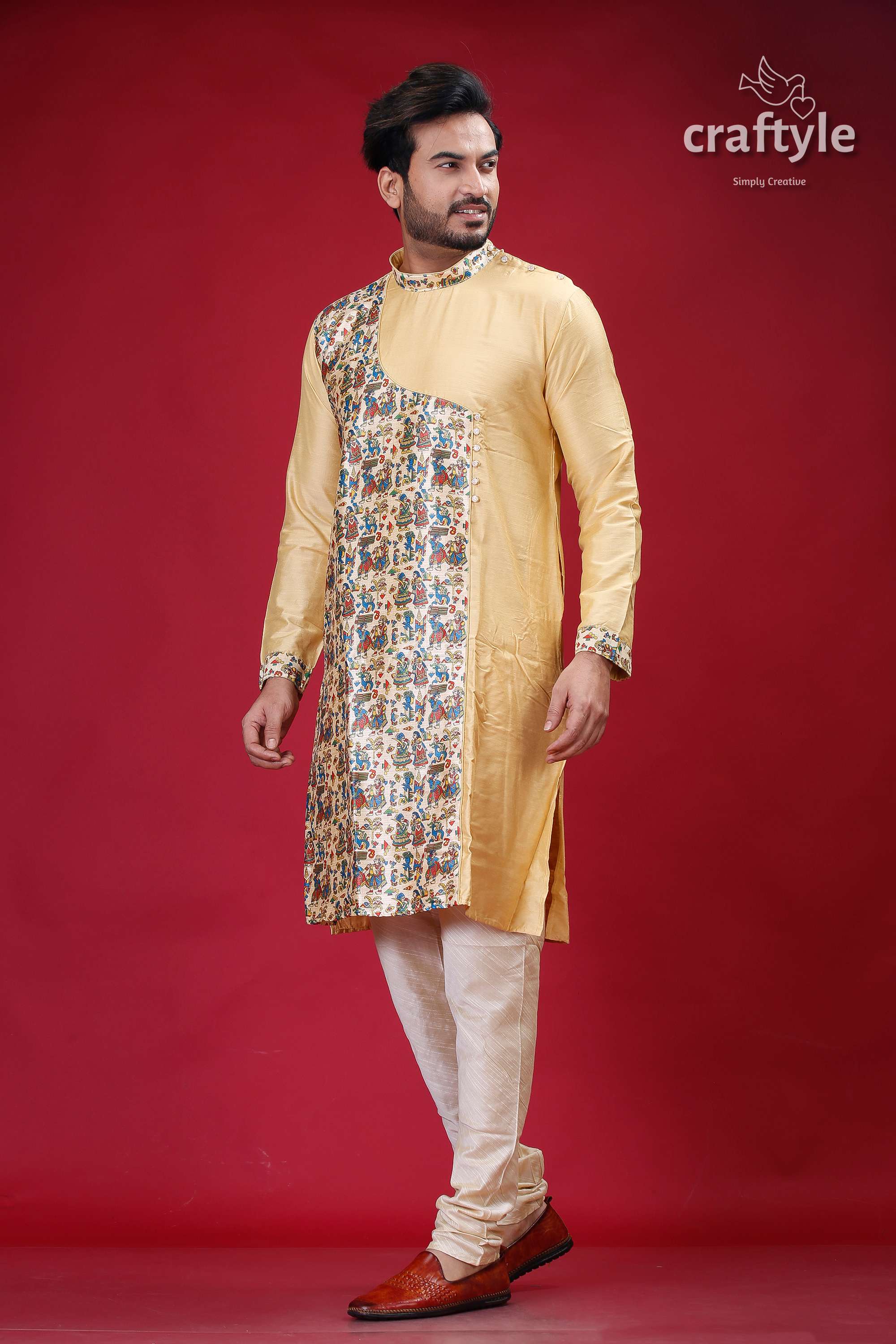 Light French Beige Madhubani Designer Silk Kurta for Men - Craftyle
