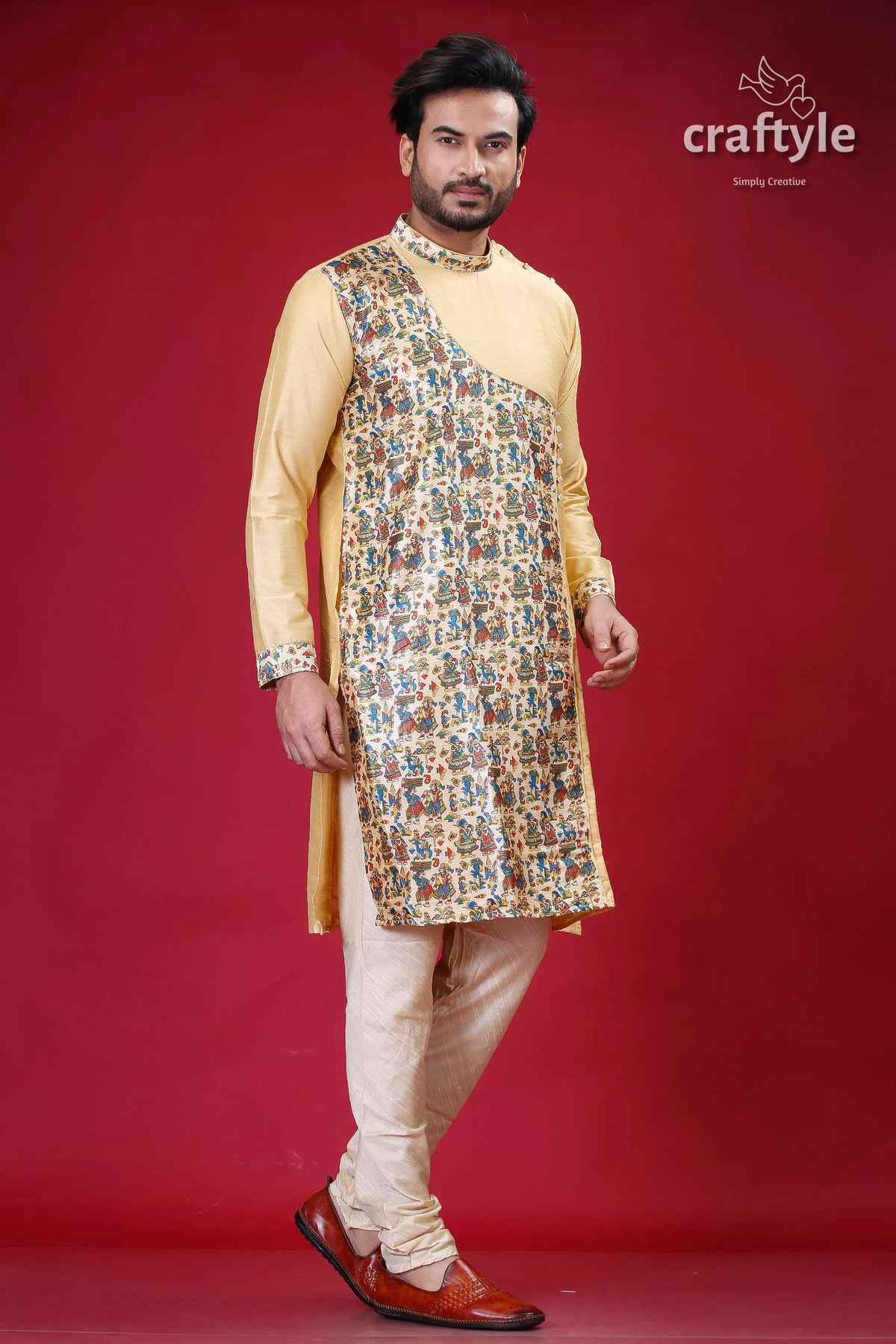 Light french beige madhubani designer silk kurta for men man’s patterned pajama outfit 3