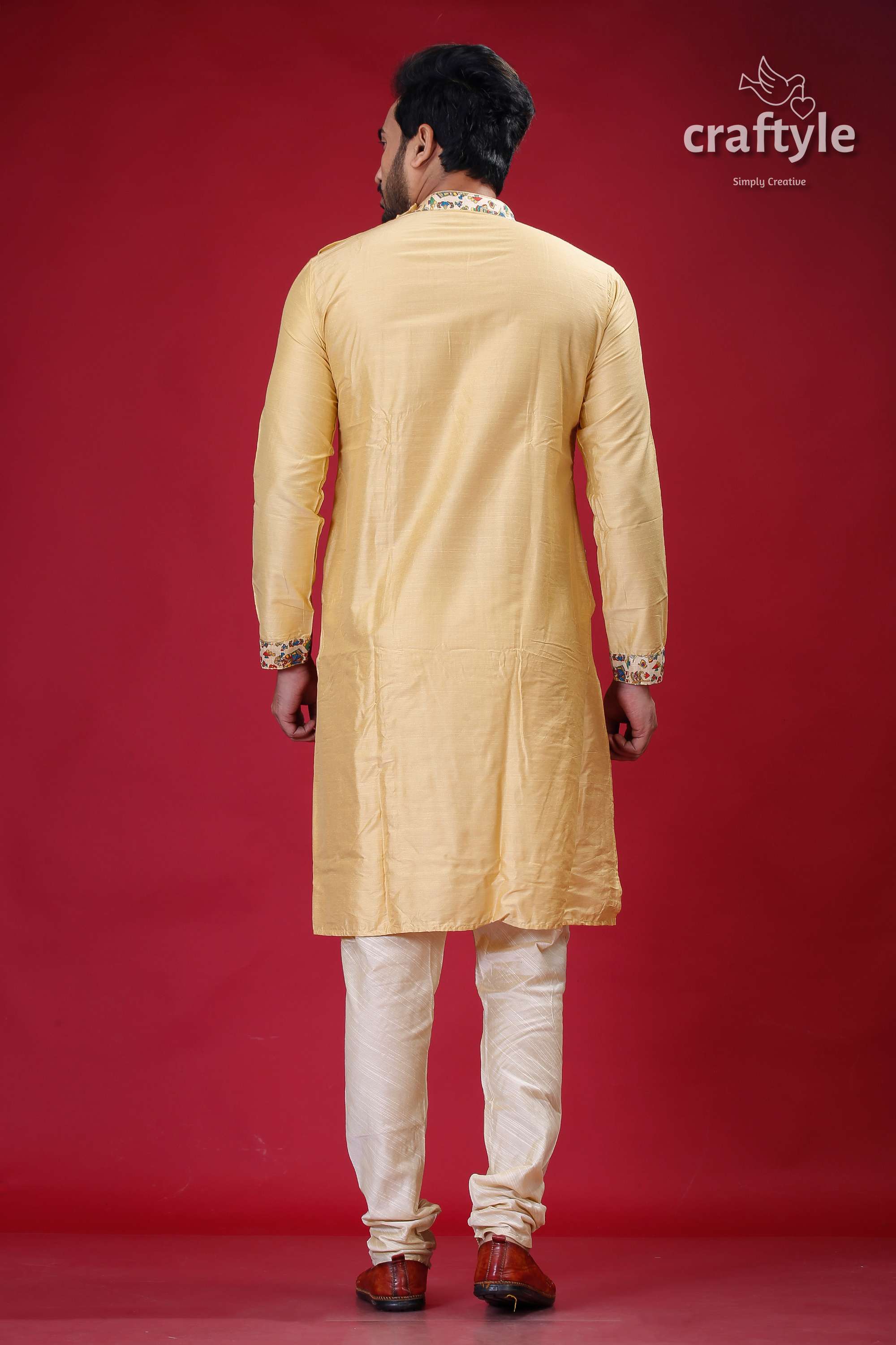 Light French Beige Madhubani Designer Silk Kurta for Men - Craftyle