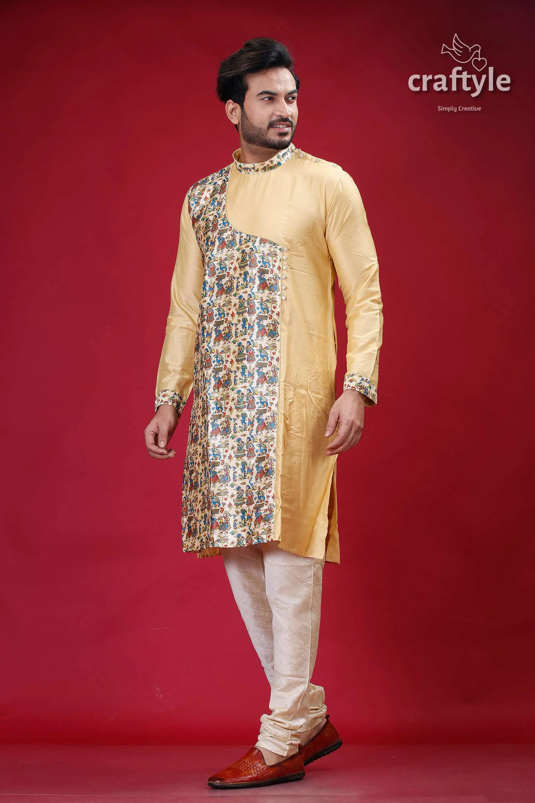 Light french beige madhubani designer silk kurta for men men’s patterned pajama set 2