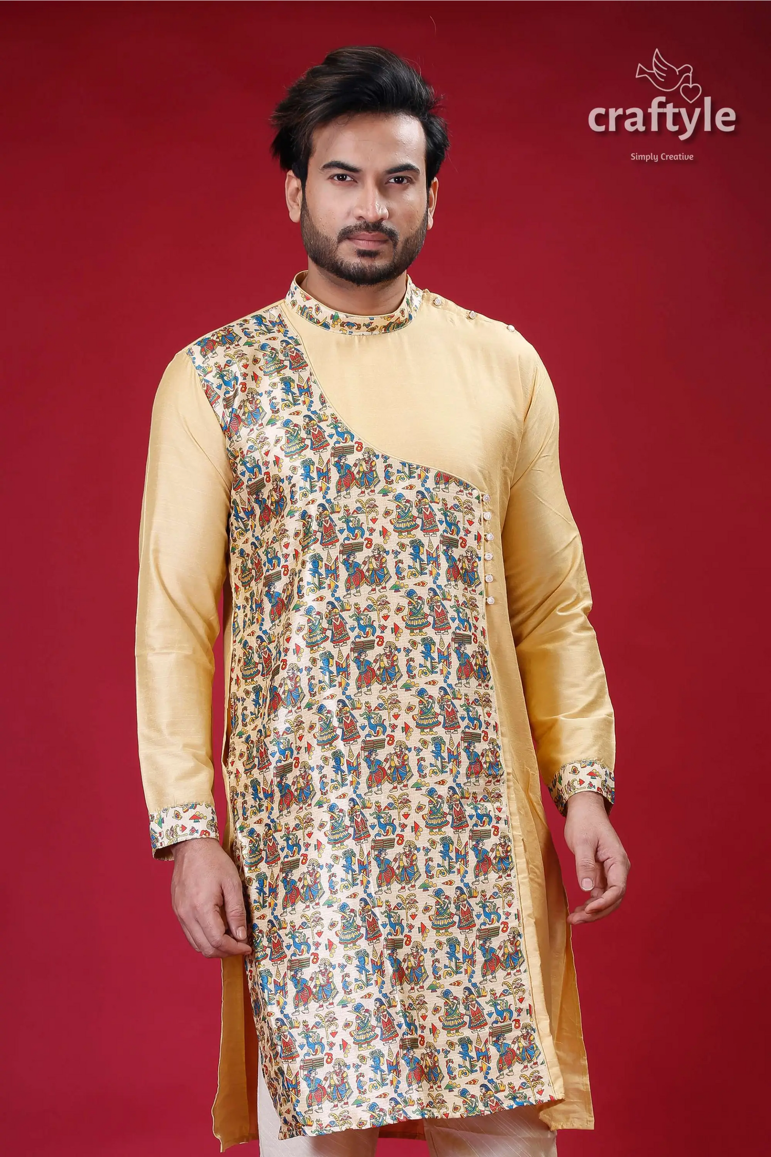 Light french beige madhubani designer silk kurta for men men’s patterned kurta 5