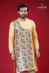 Light french beige madhubani designer silk kurta for men men’s patterned kurta 5